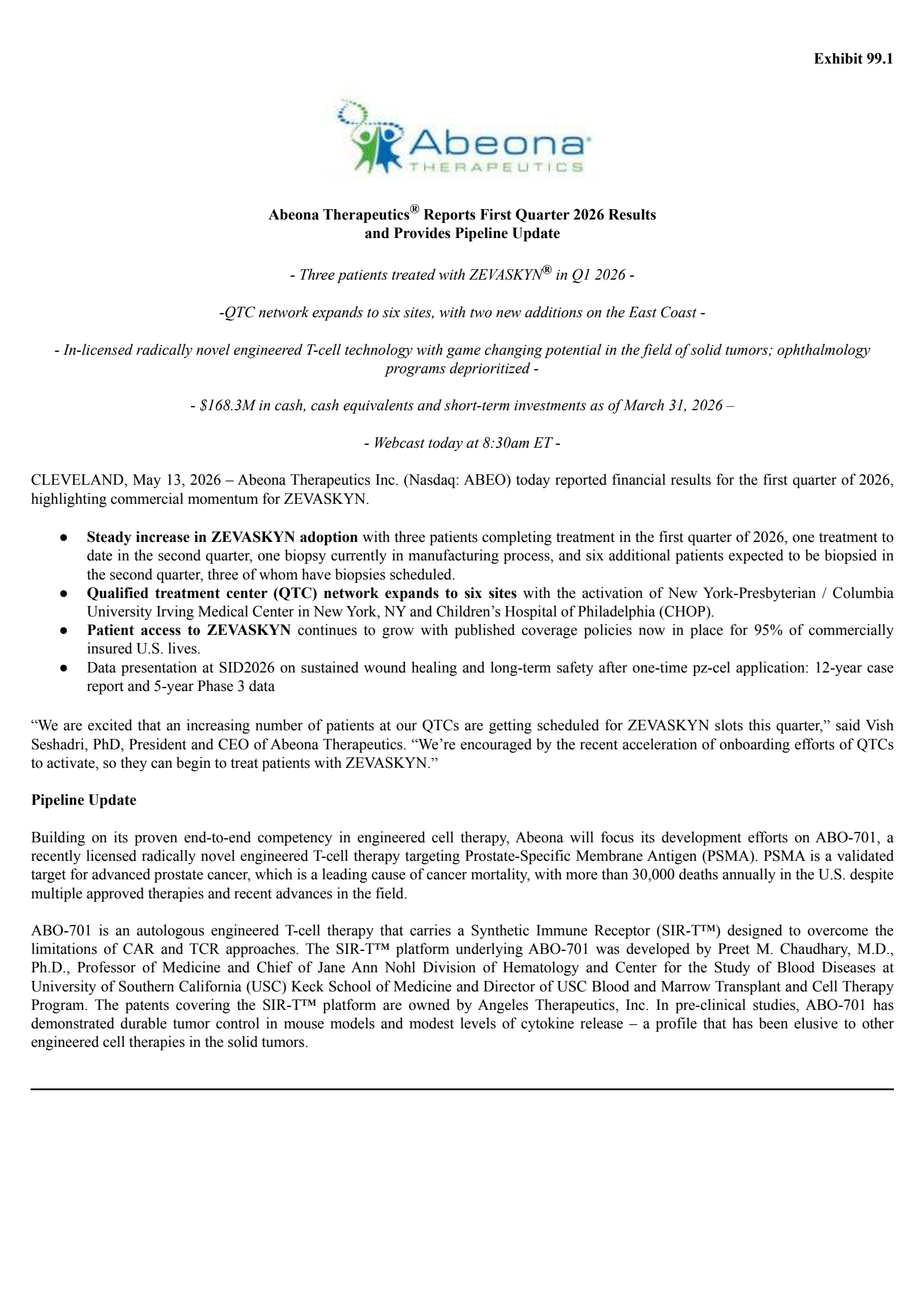 Abeona Therapeutics' Q1 2026 Press Release