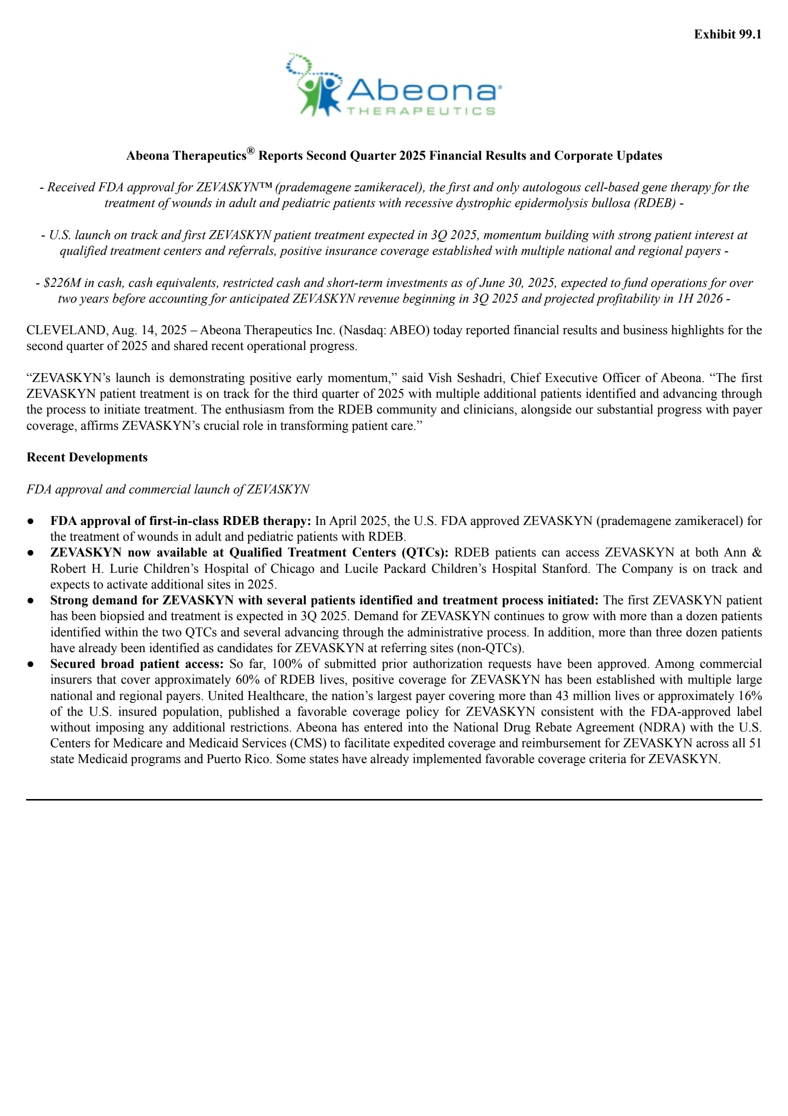 Abeona Therapeutics' Q2 2025 Press Release
