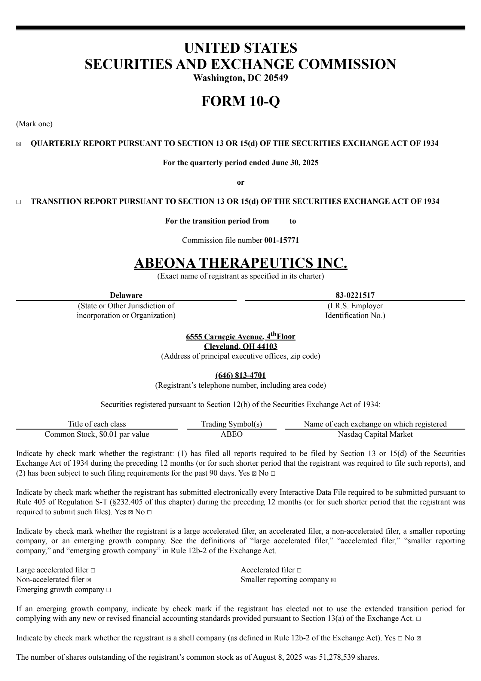 Abeona Therapeutics' Q2 2025 Quarterly report