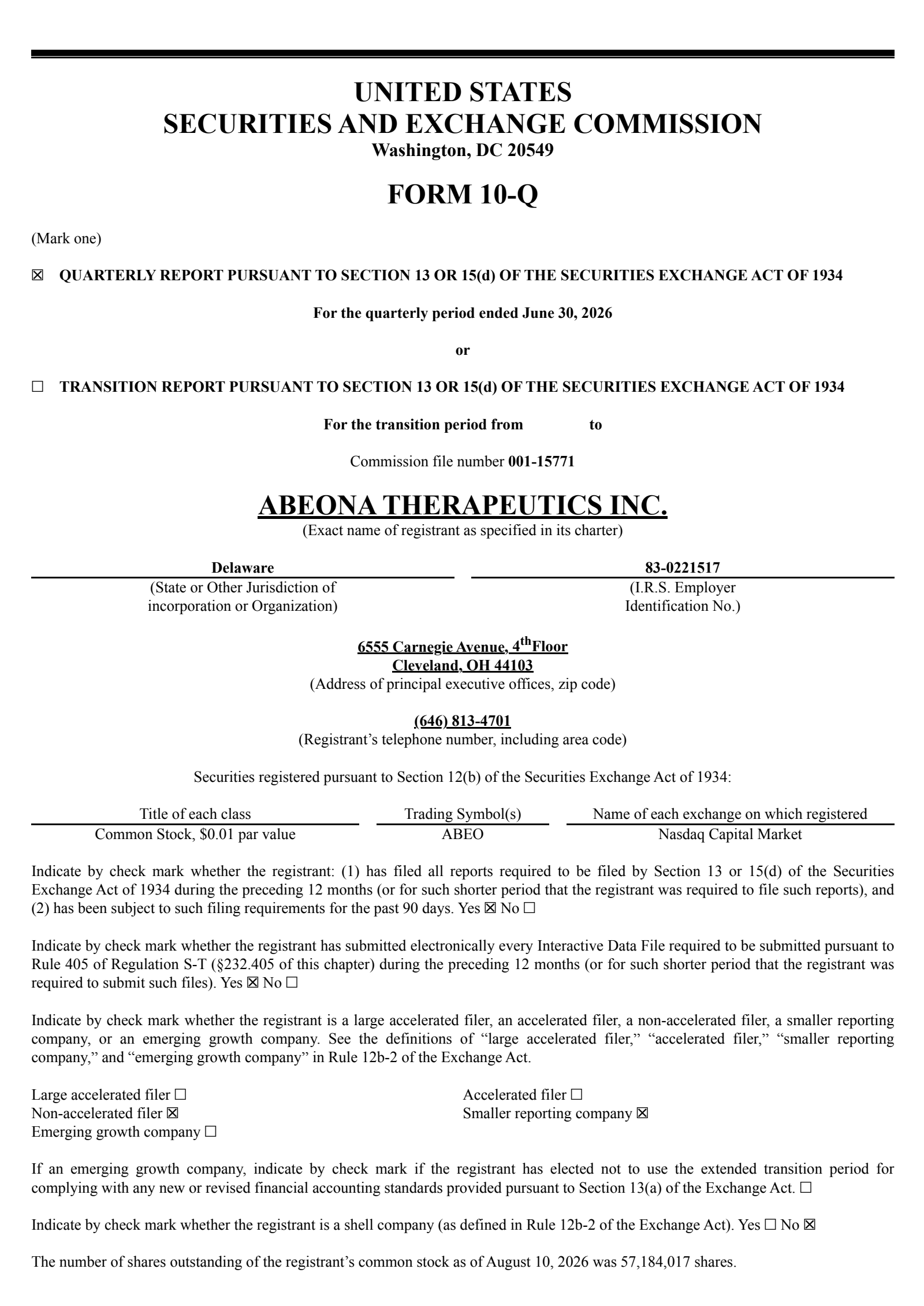 Abeona Therapeutics' Q2 2026 Quarterly report