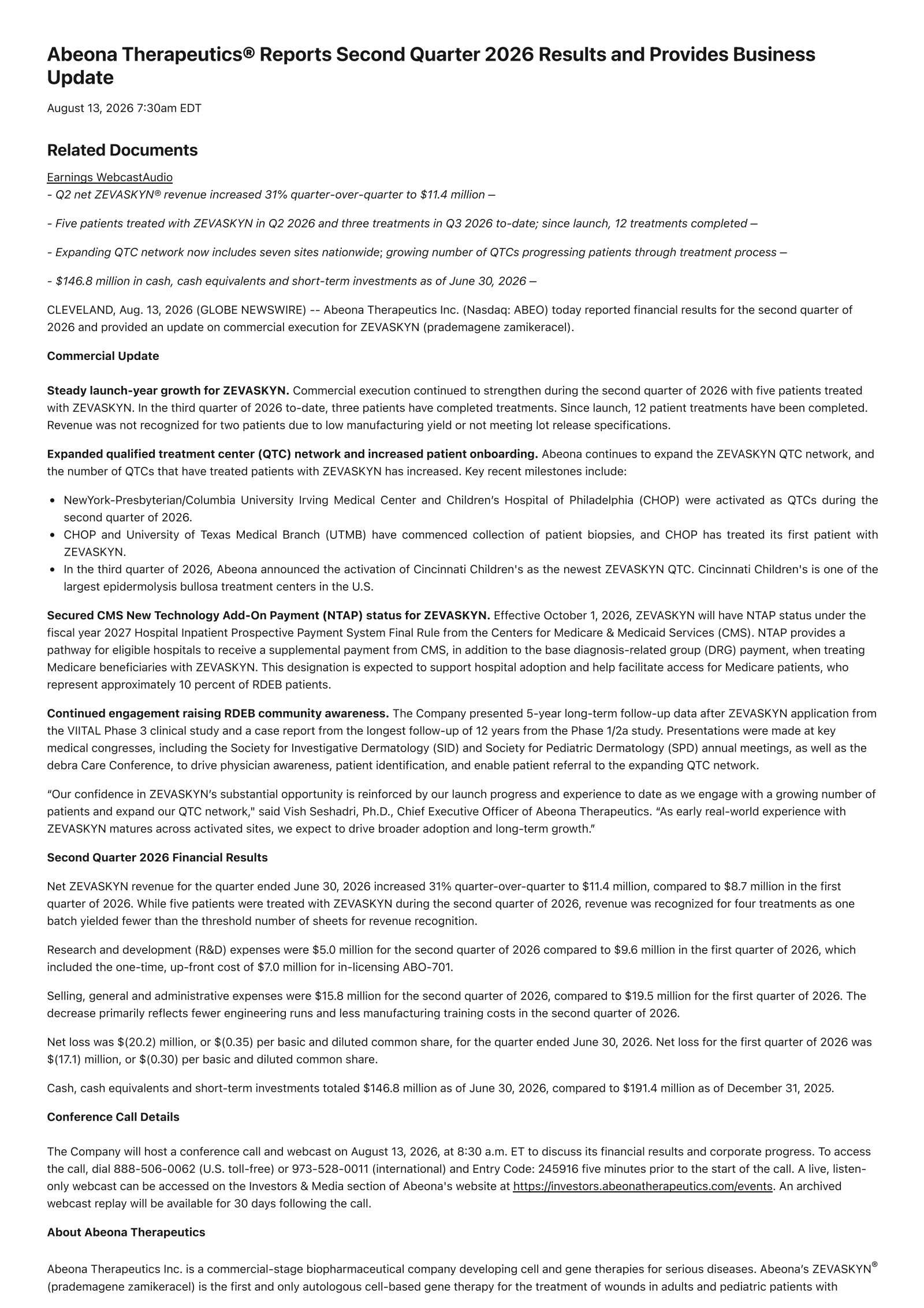 Abeona Therapeutics' Q2 2026 Press Release