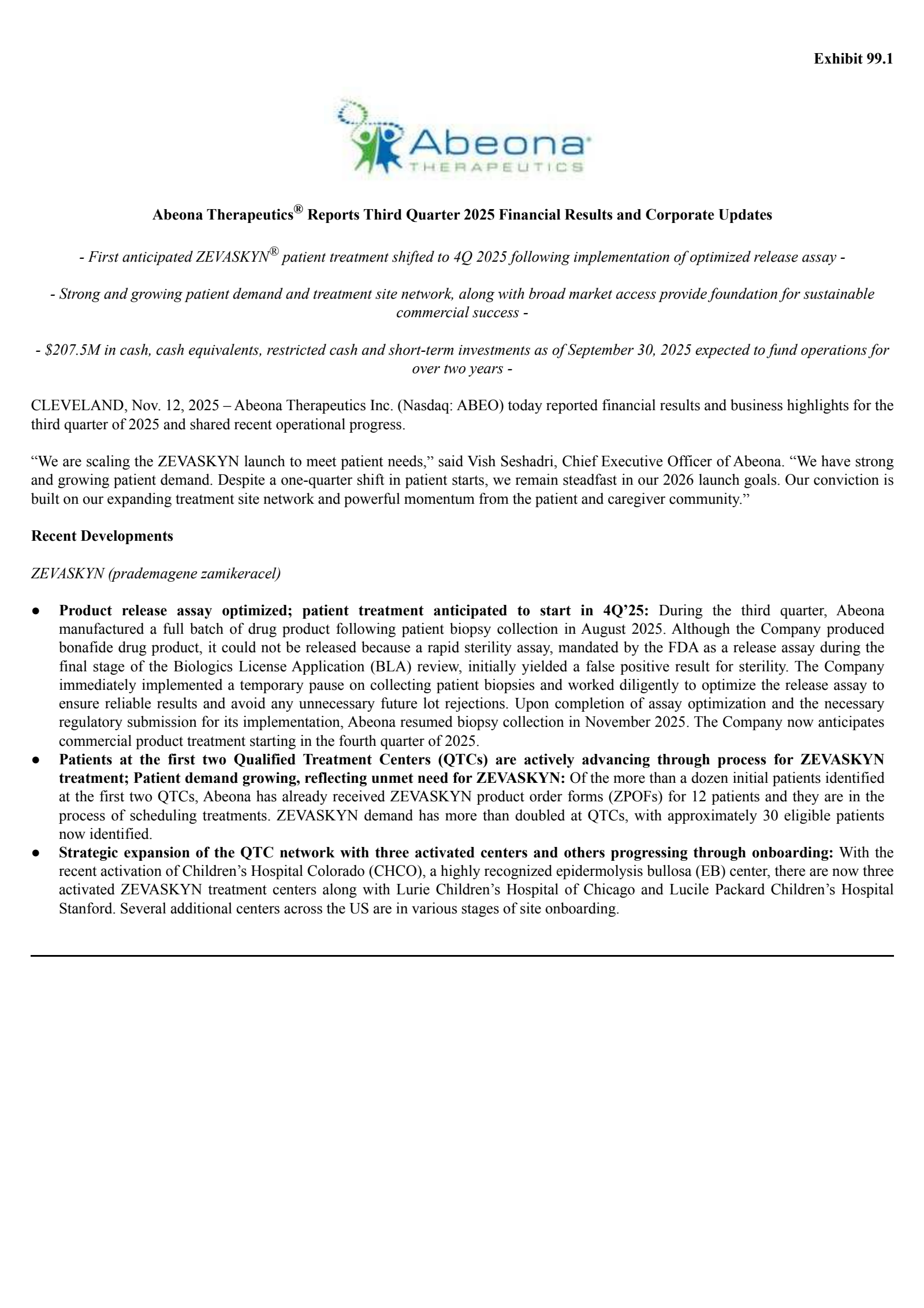 Abeona Therapeutics' Q3 2025 Earnings Release