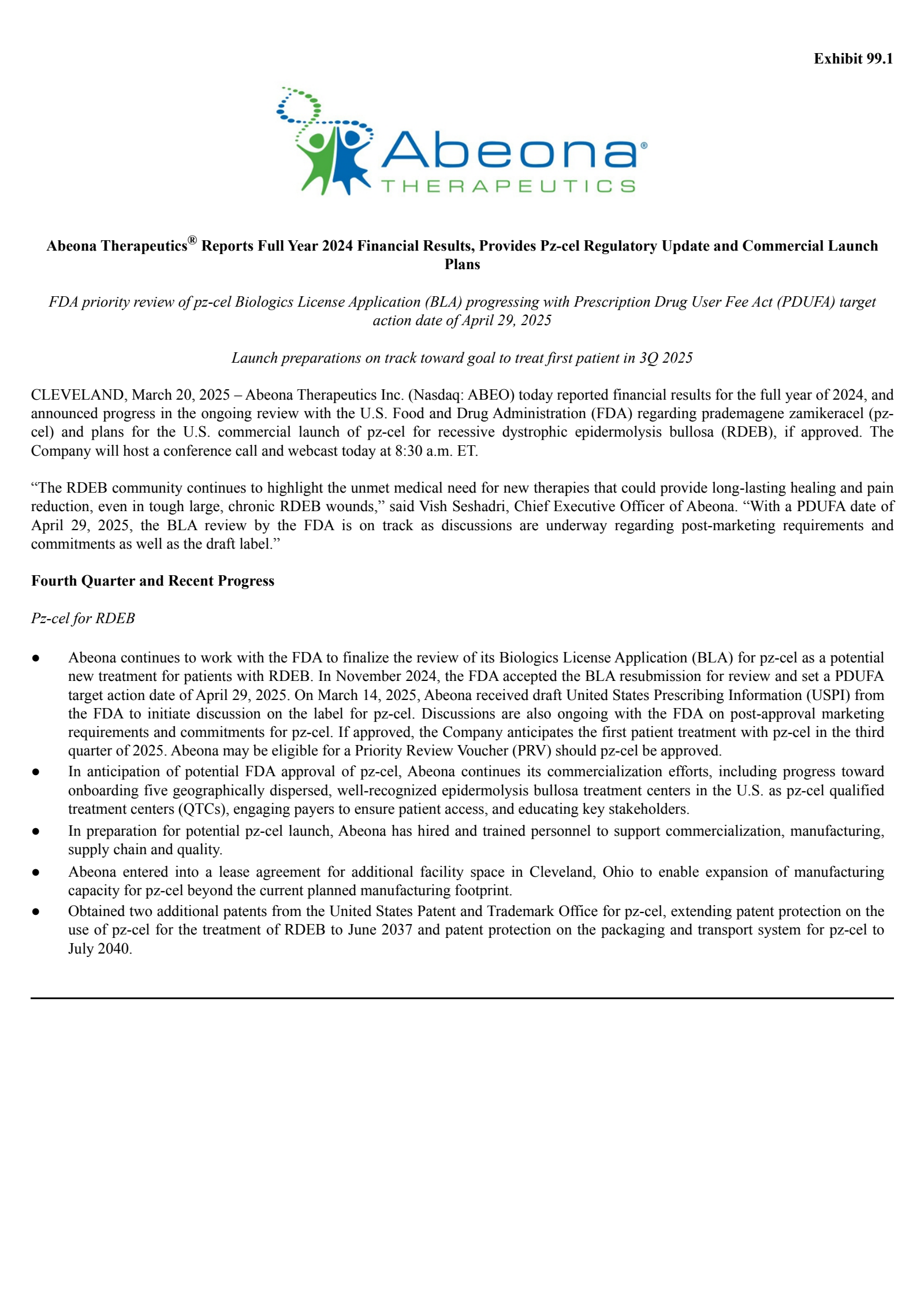 Abeona Therapeutics' Q4 2024 Press Release