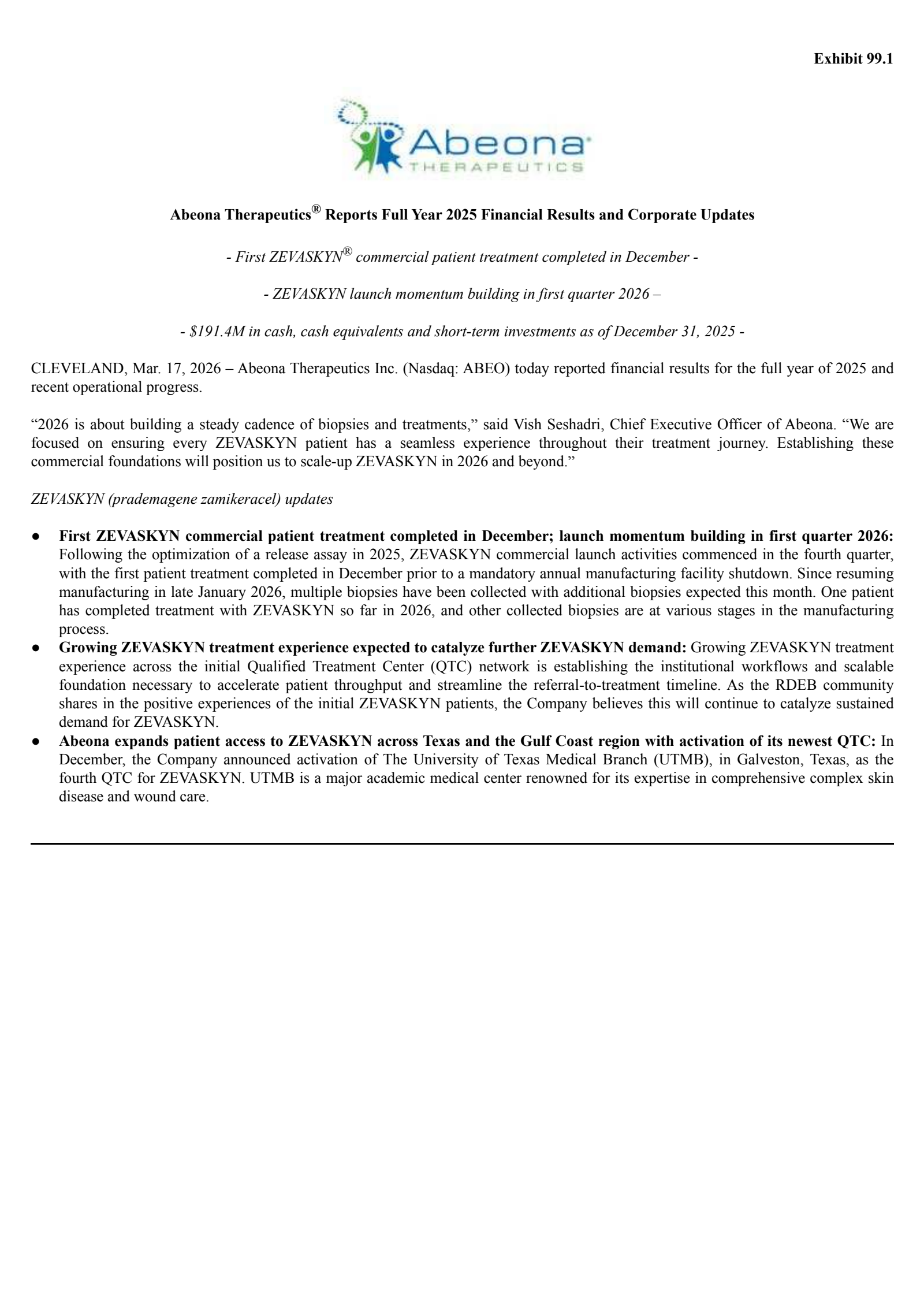 Abeona Therapeutics' Q4 2025 Press Release