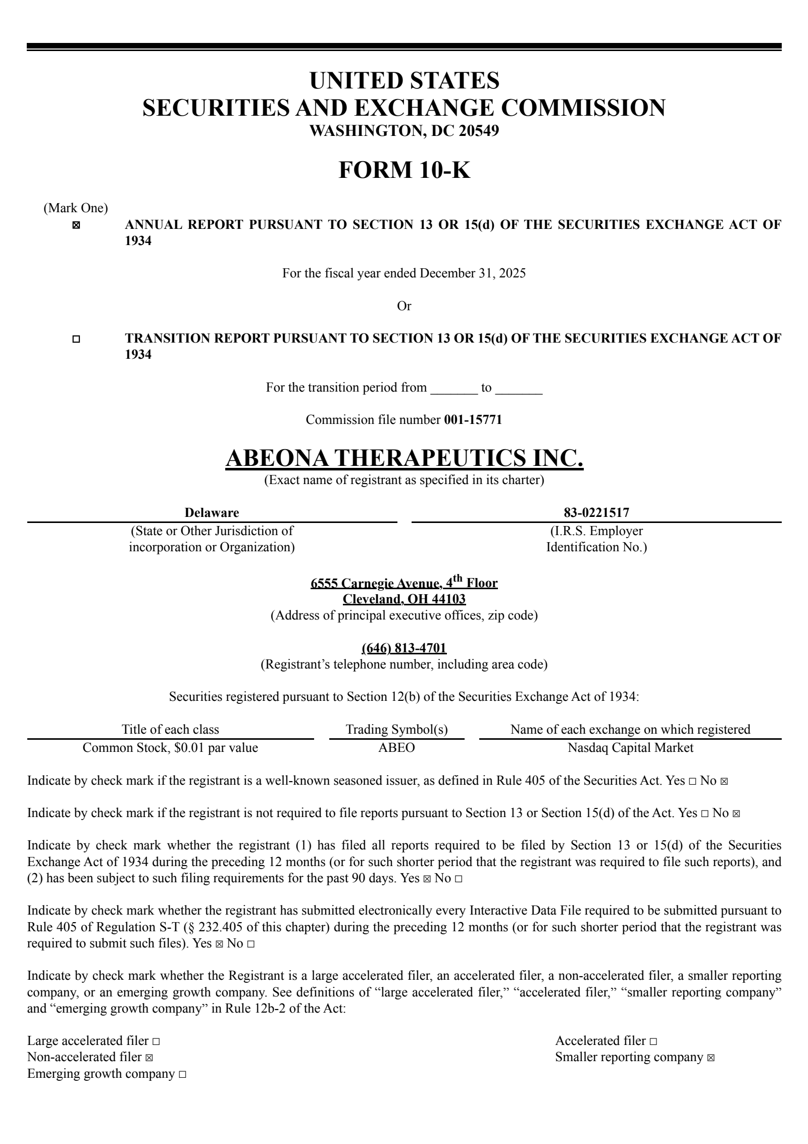 Abeona Therapeutics' Q4 2025 Annual report