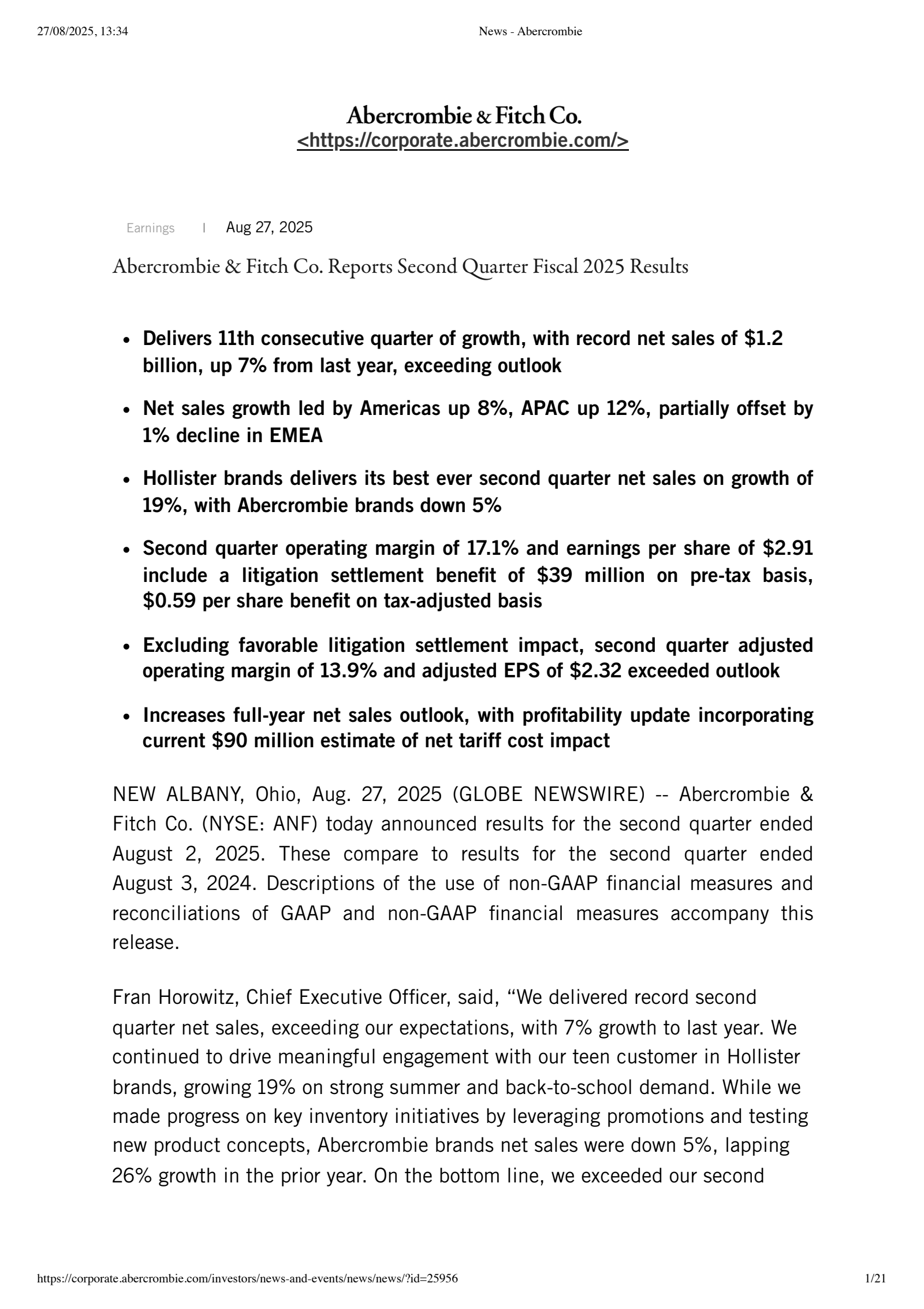 Abercrombie & Fitch's Q2 2026 Press Release
