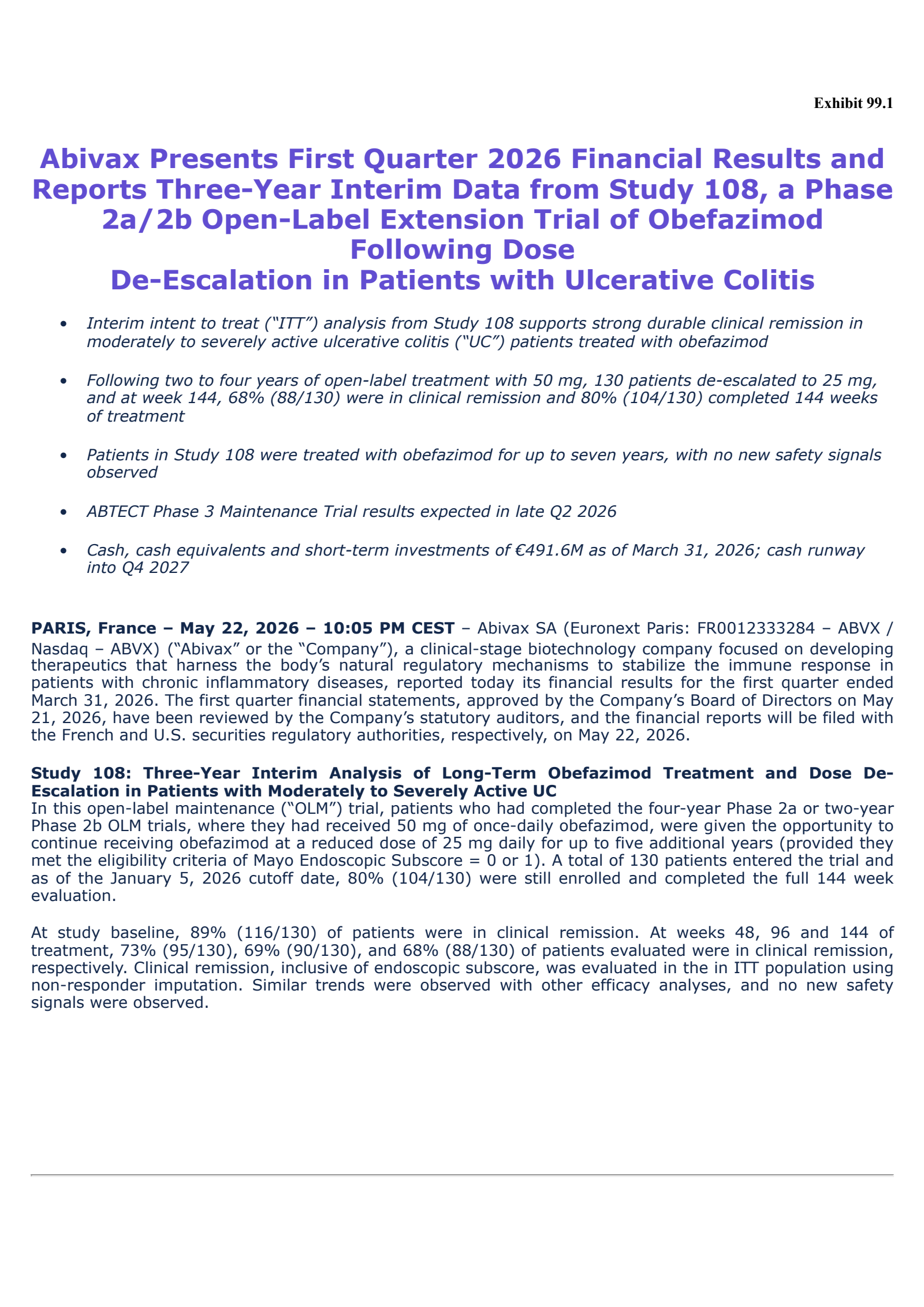 Abivax's Q1 2026 Press Release