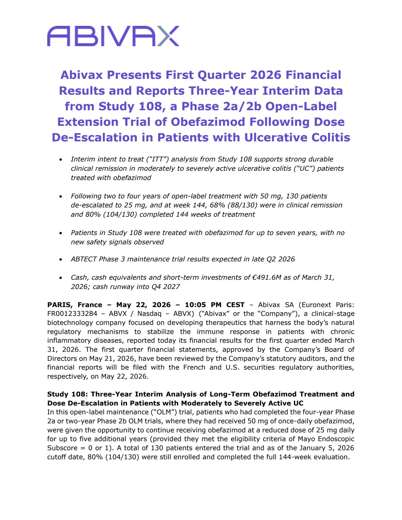 Abivax's Q1 2026 Press Release