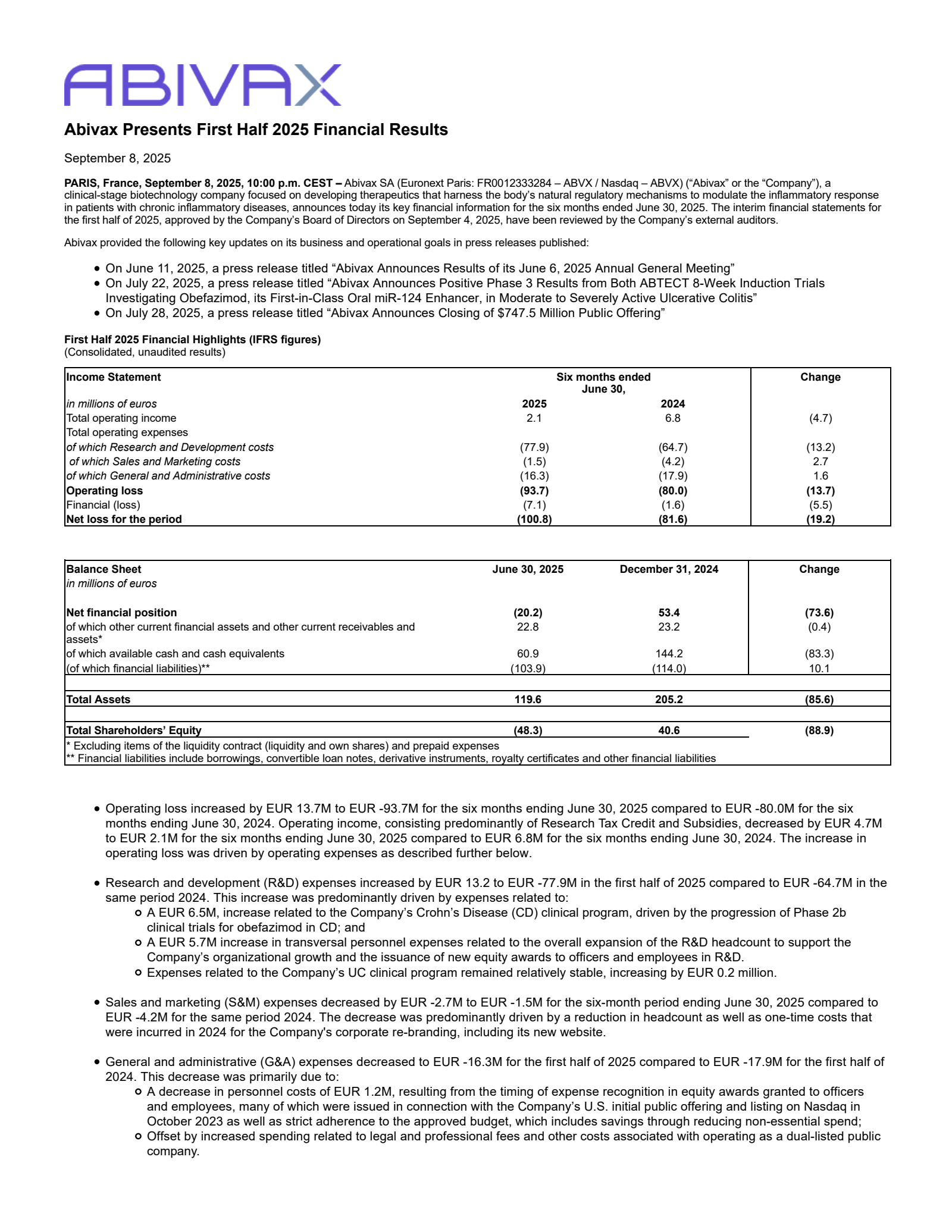 Abivax's Q2 2025 Press Release