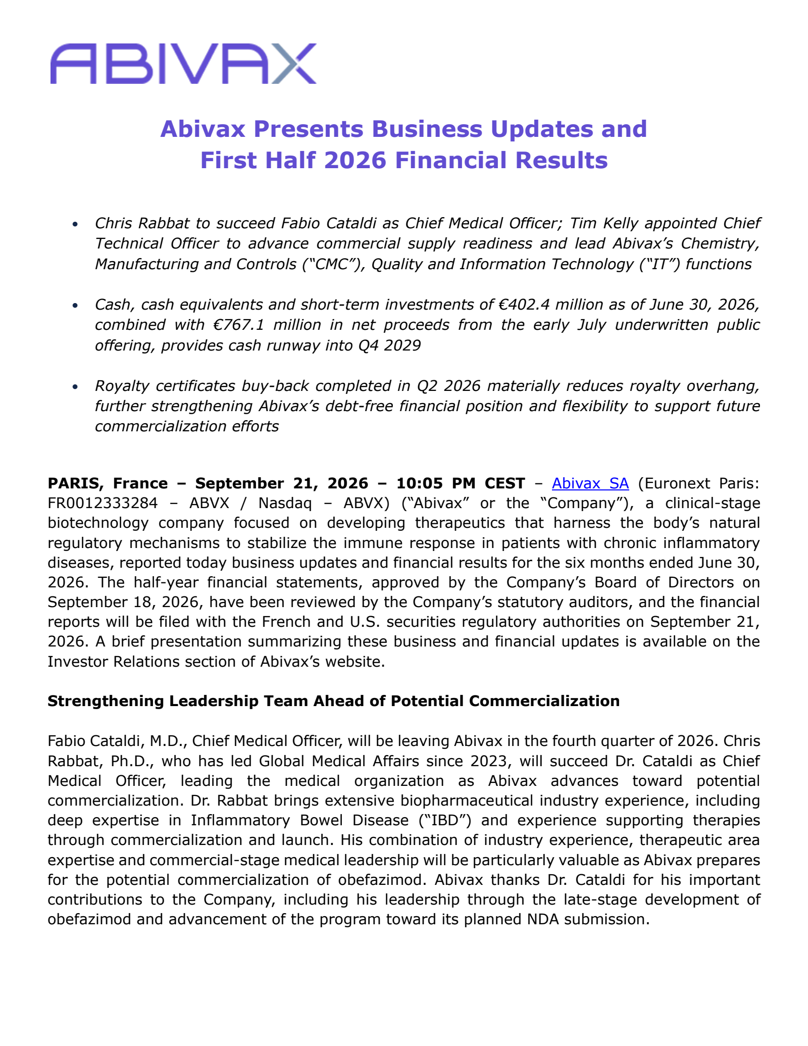 Abivax's Q2 2026 Press Release