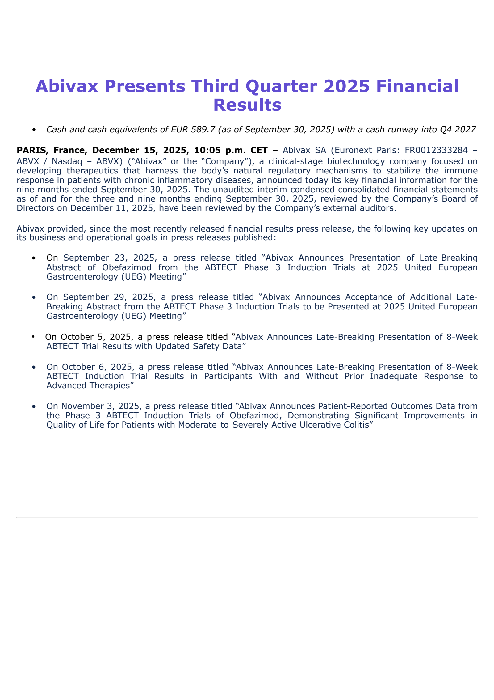 Abivax's Q3 2025 Earnings Release