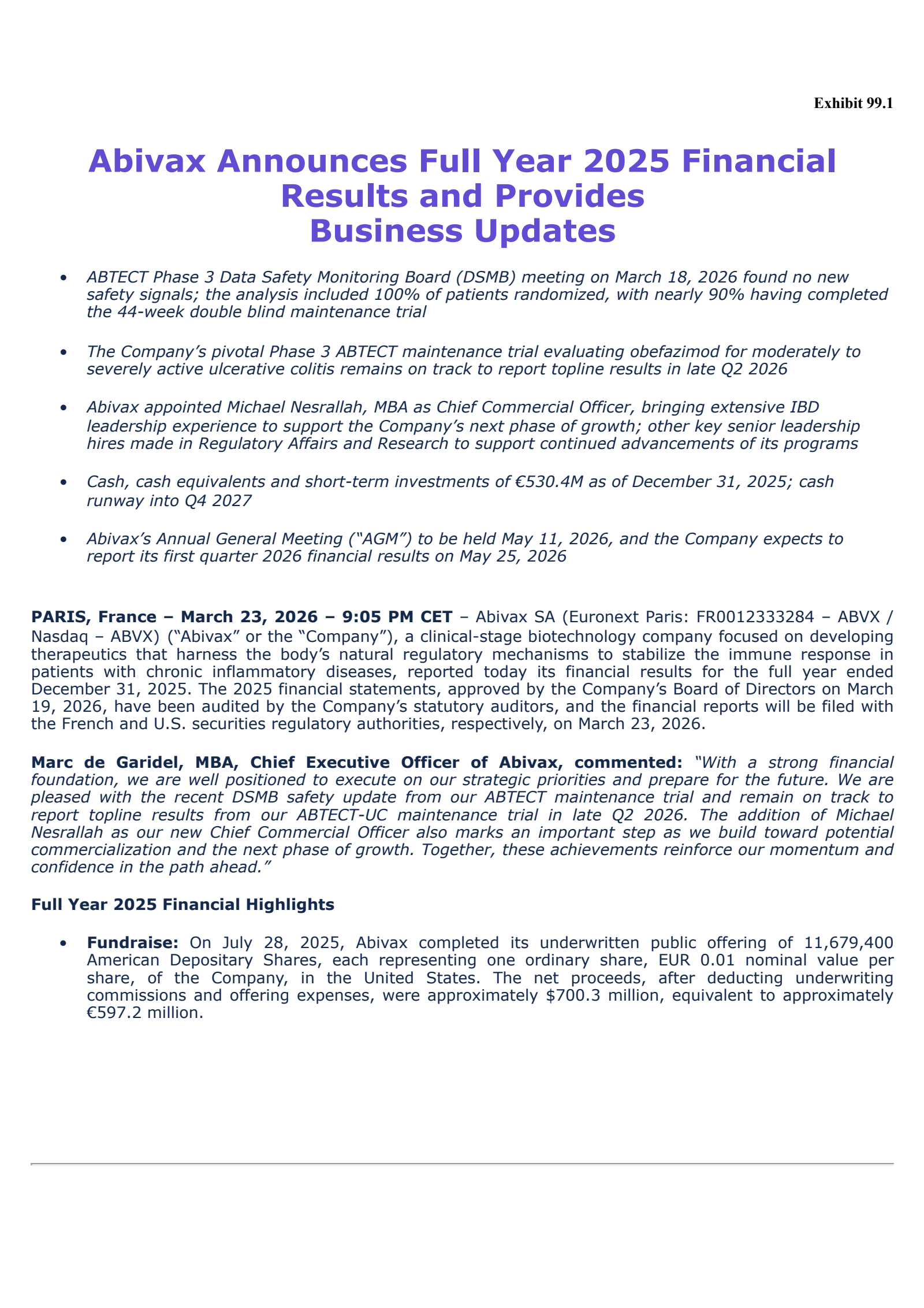 Abivax's Q4 2025 Press Release
