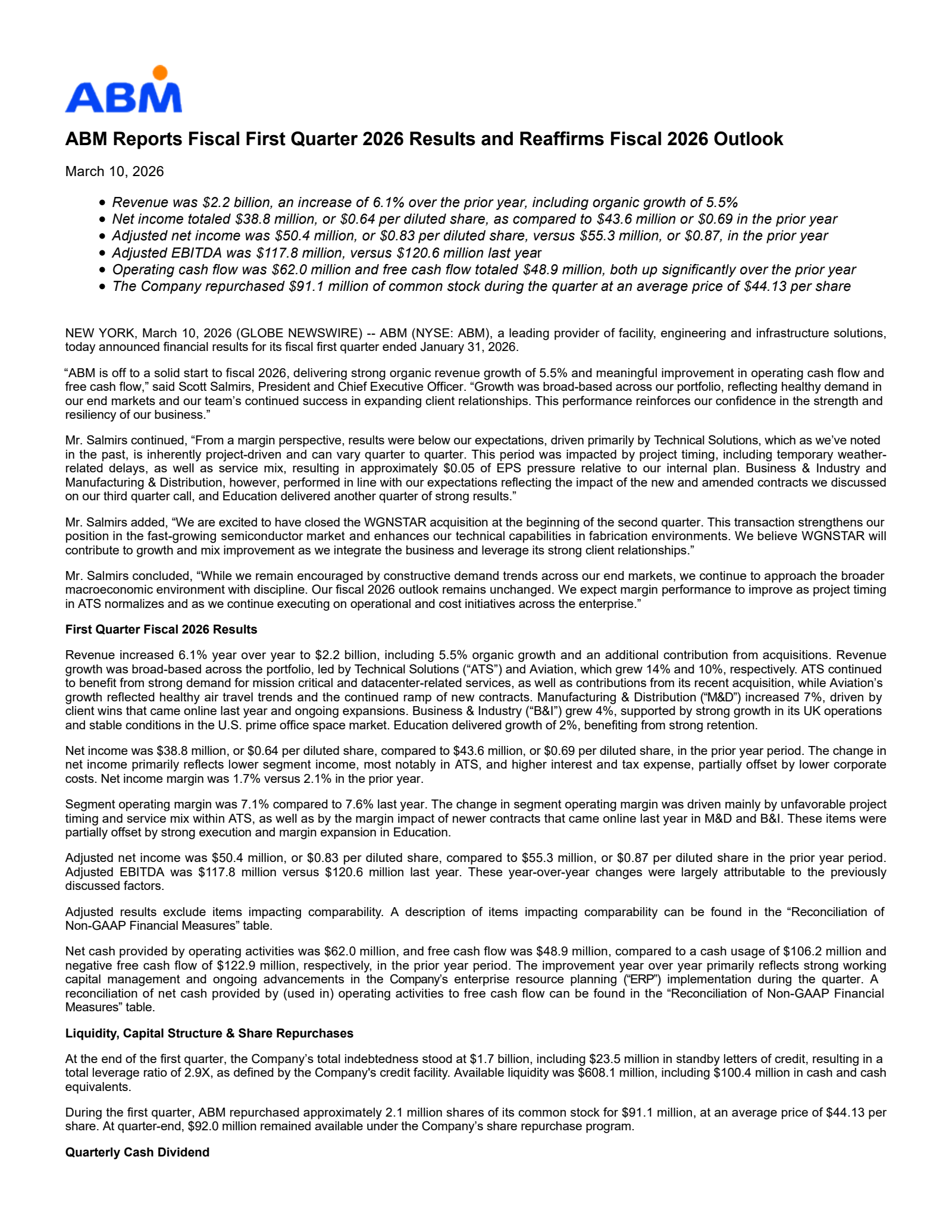 ABM Industries' Q1 2026 Press Release