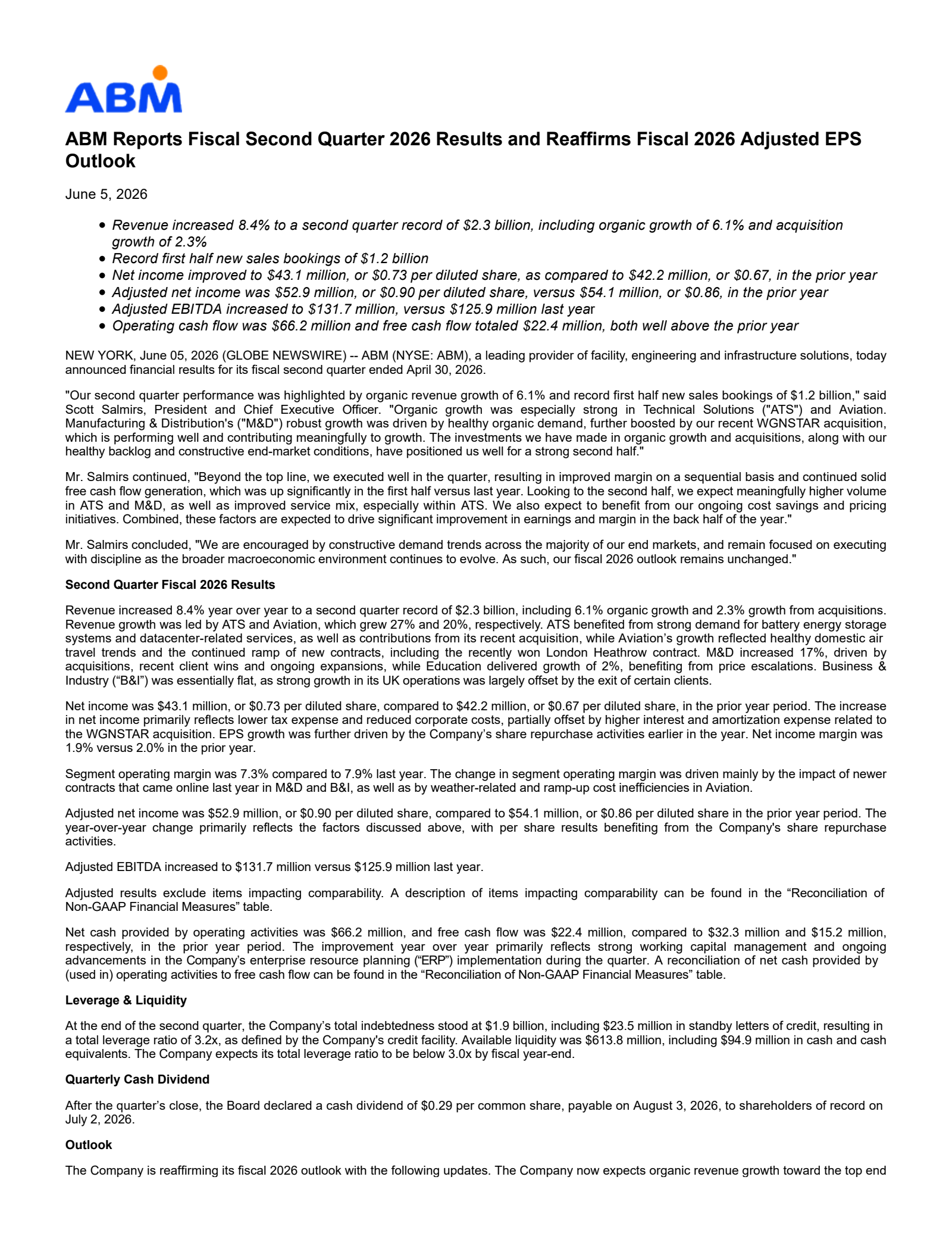 ABM Industries' Q2 2026 Press Release