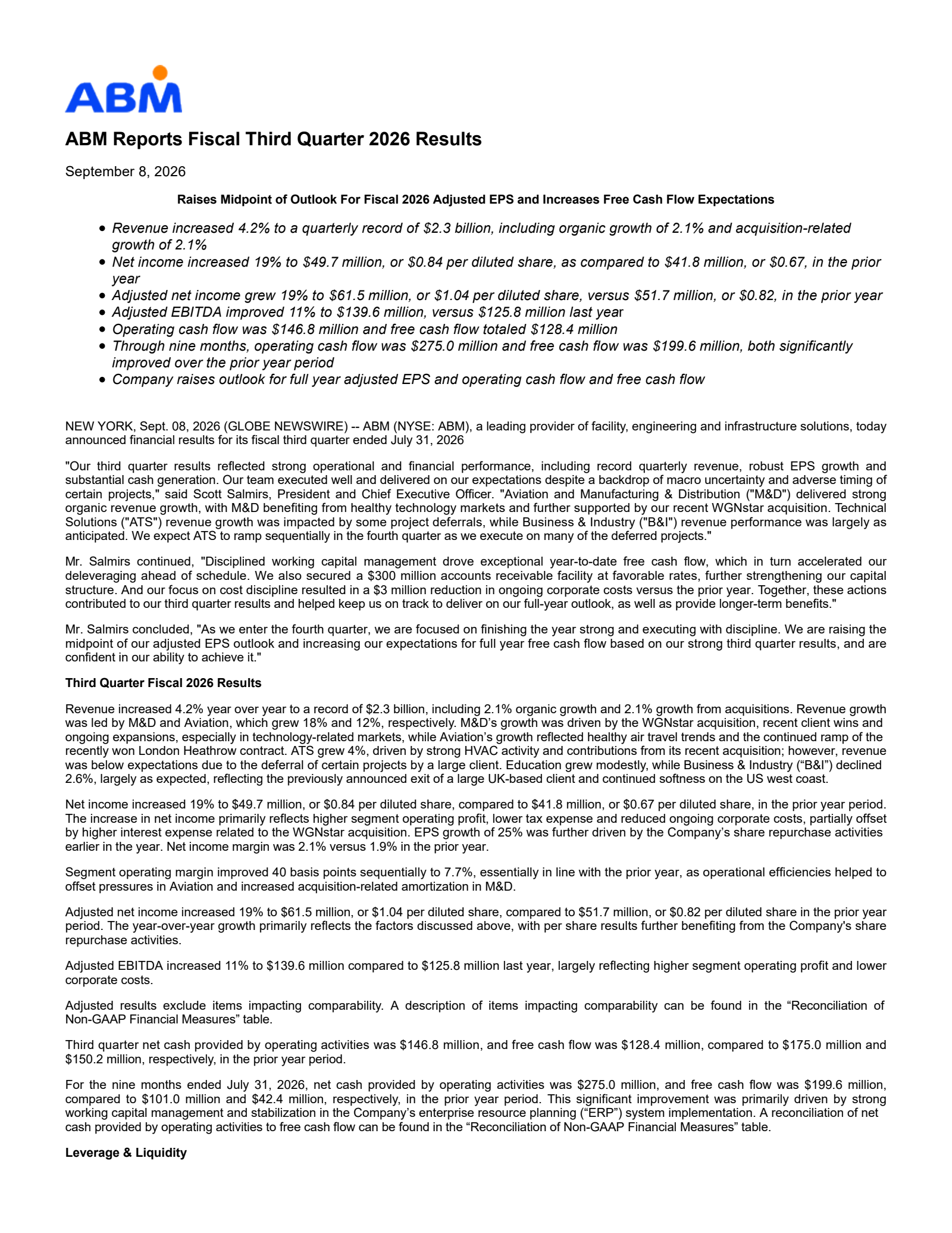 ABM Industries' Q3 2026 Press Release