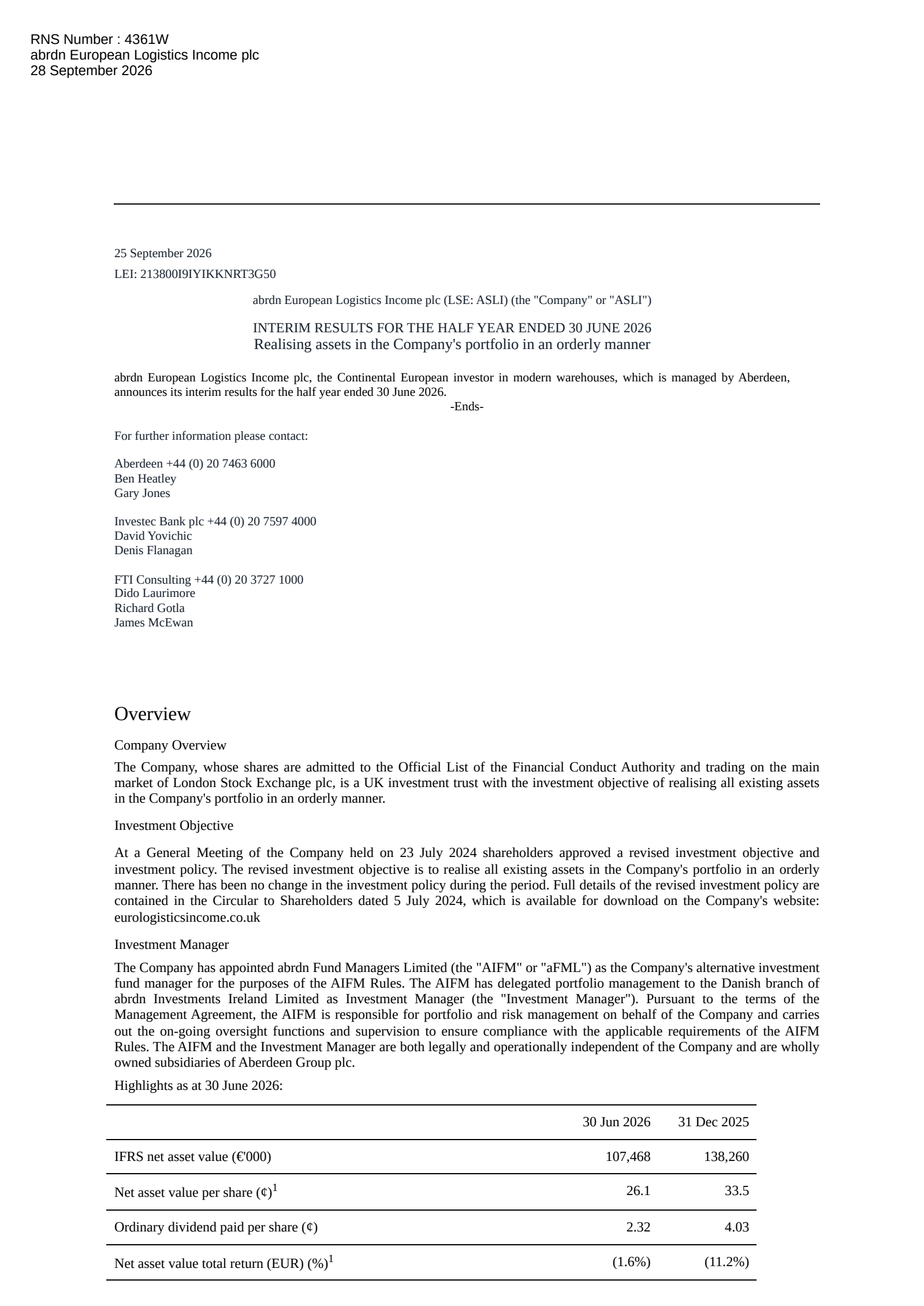 abrdn European Logistics Income's H1 2026 Interim report