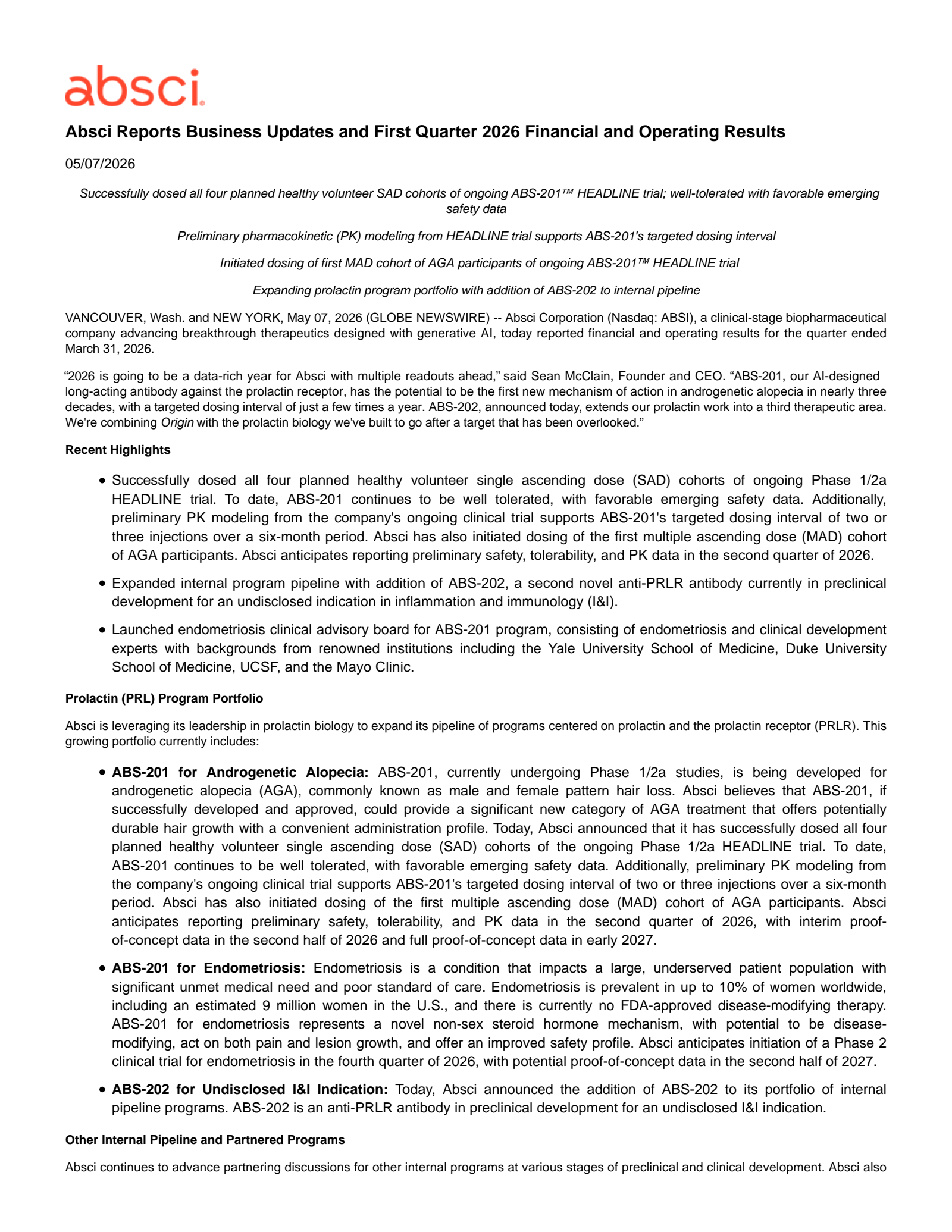Absci's Q1 2026 Press Release