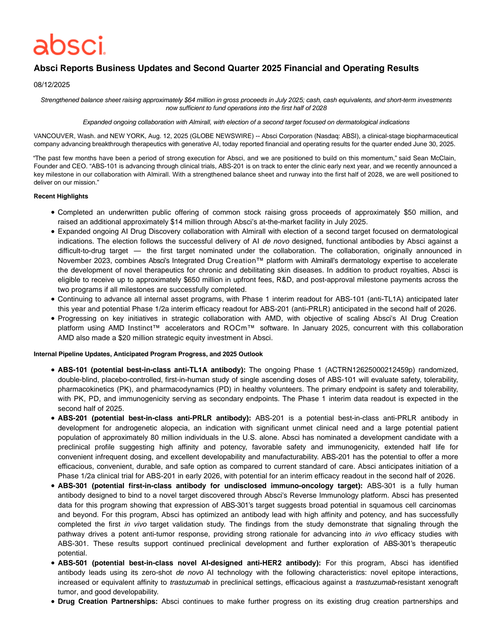 Absci's Q2 2025 Press Release