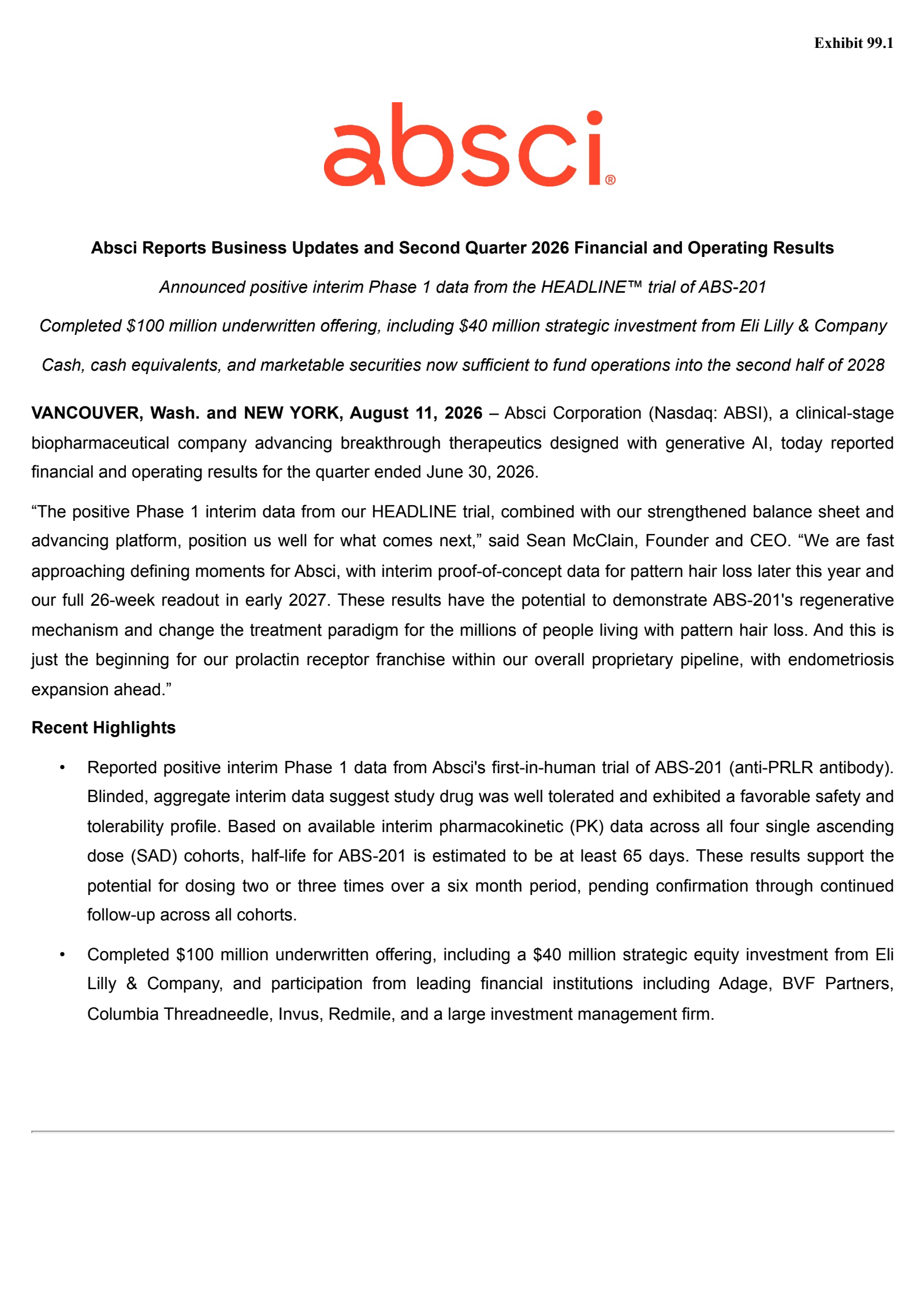 Absci's Q2 2026 Press Release