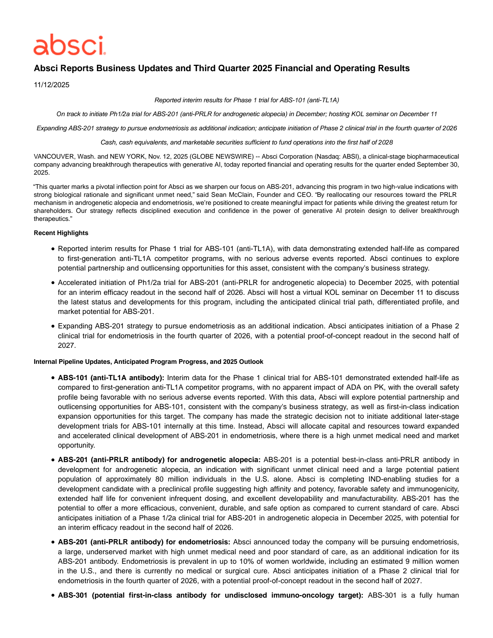 Absci's Q3 2025 Earnings Release