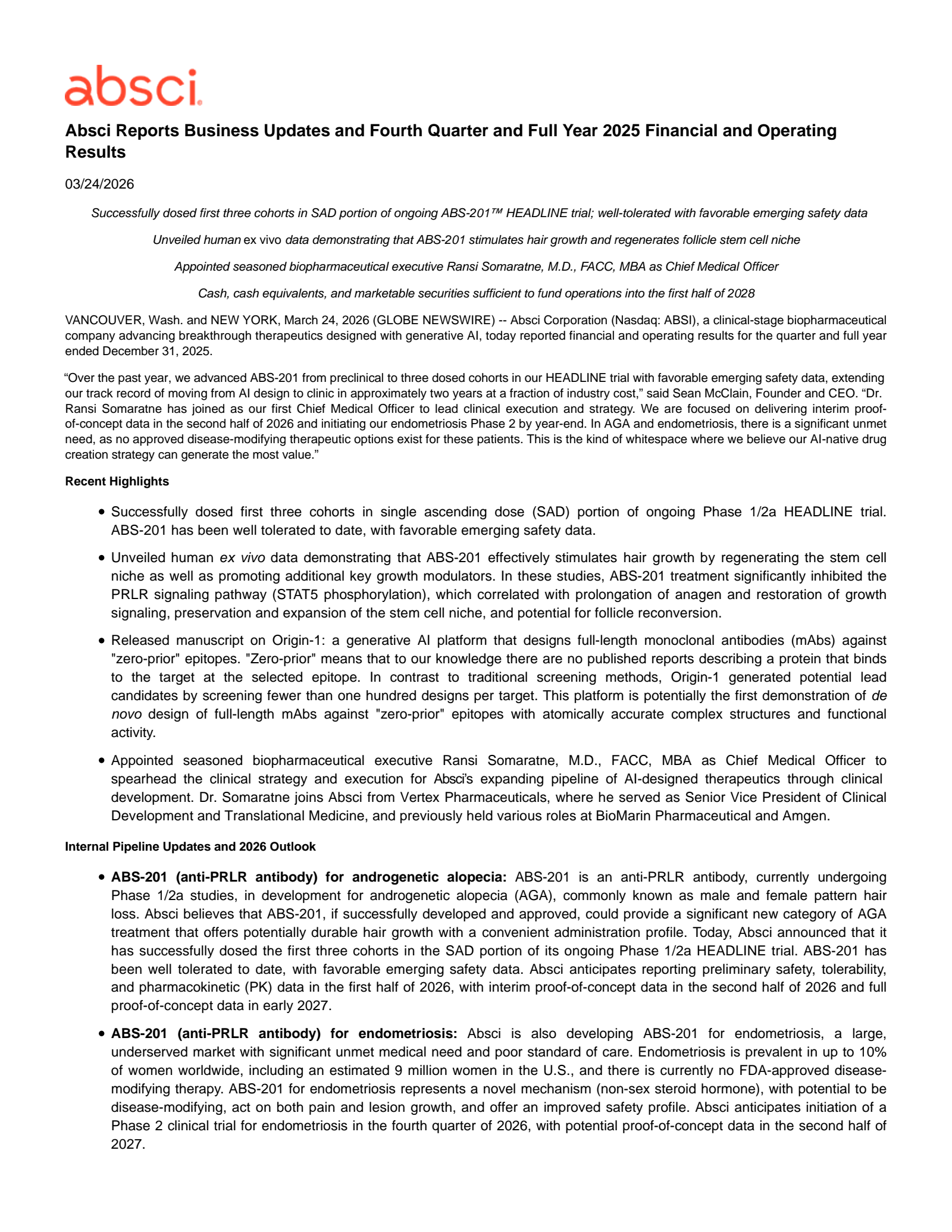 Absci's Q4 2025 Press Release