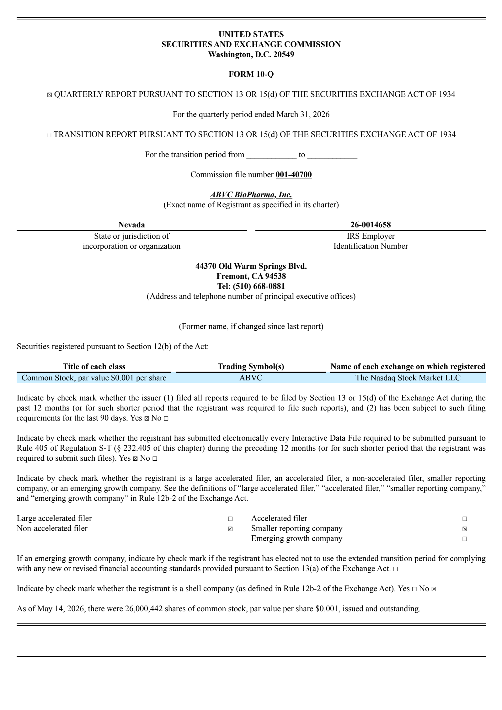 ABVC BioPharma's Q1 2026 Quarterly report