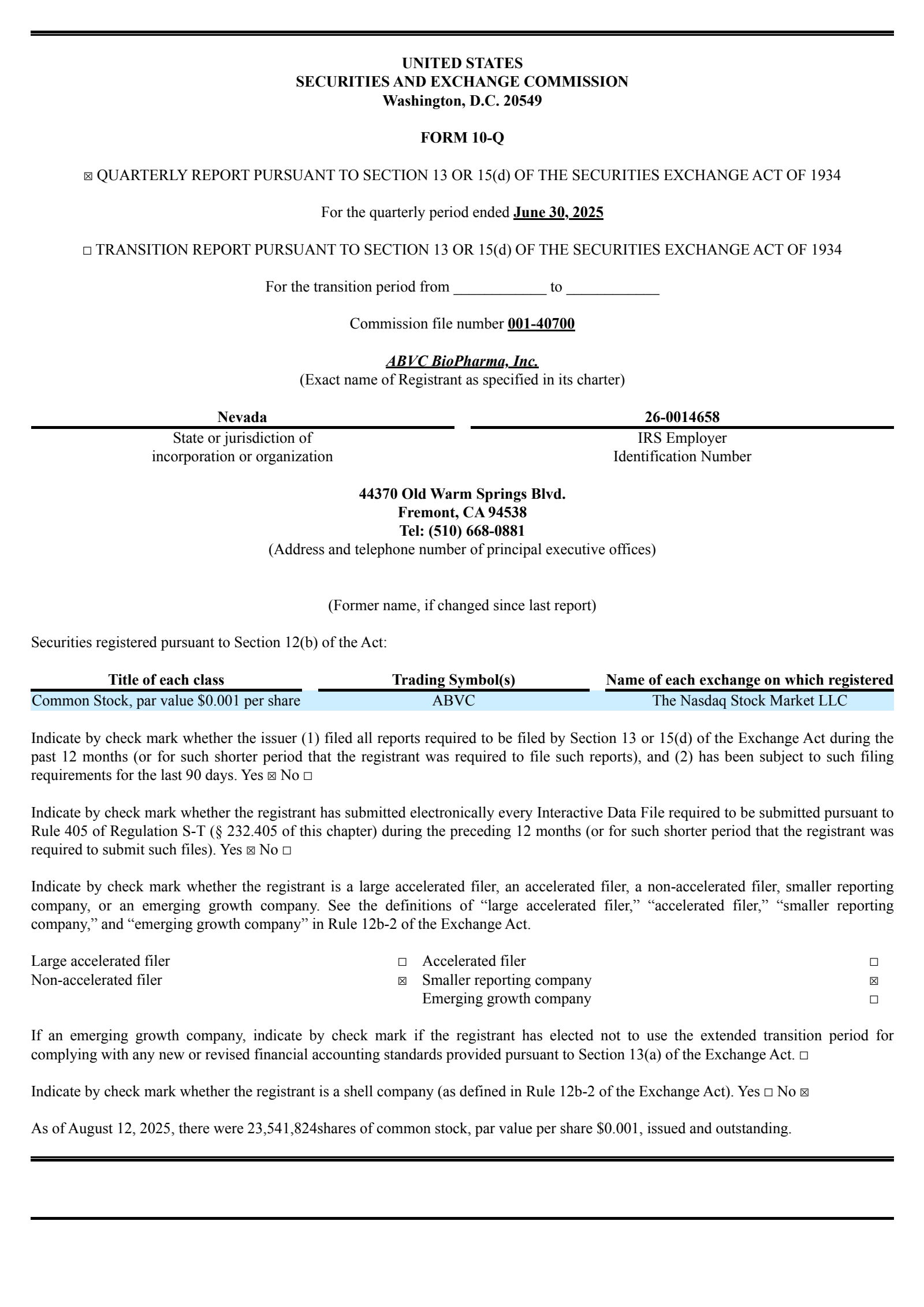 ABVC BioPharma's Q2 2025 Quarterly report