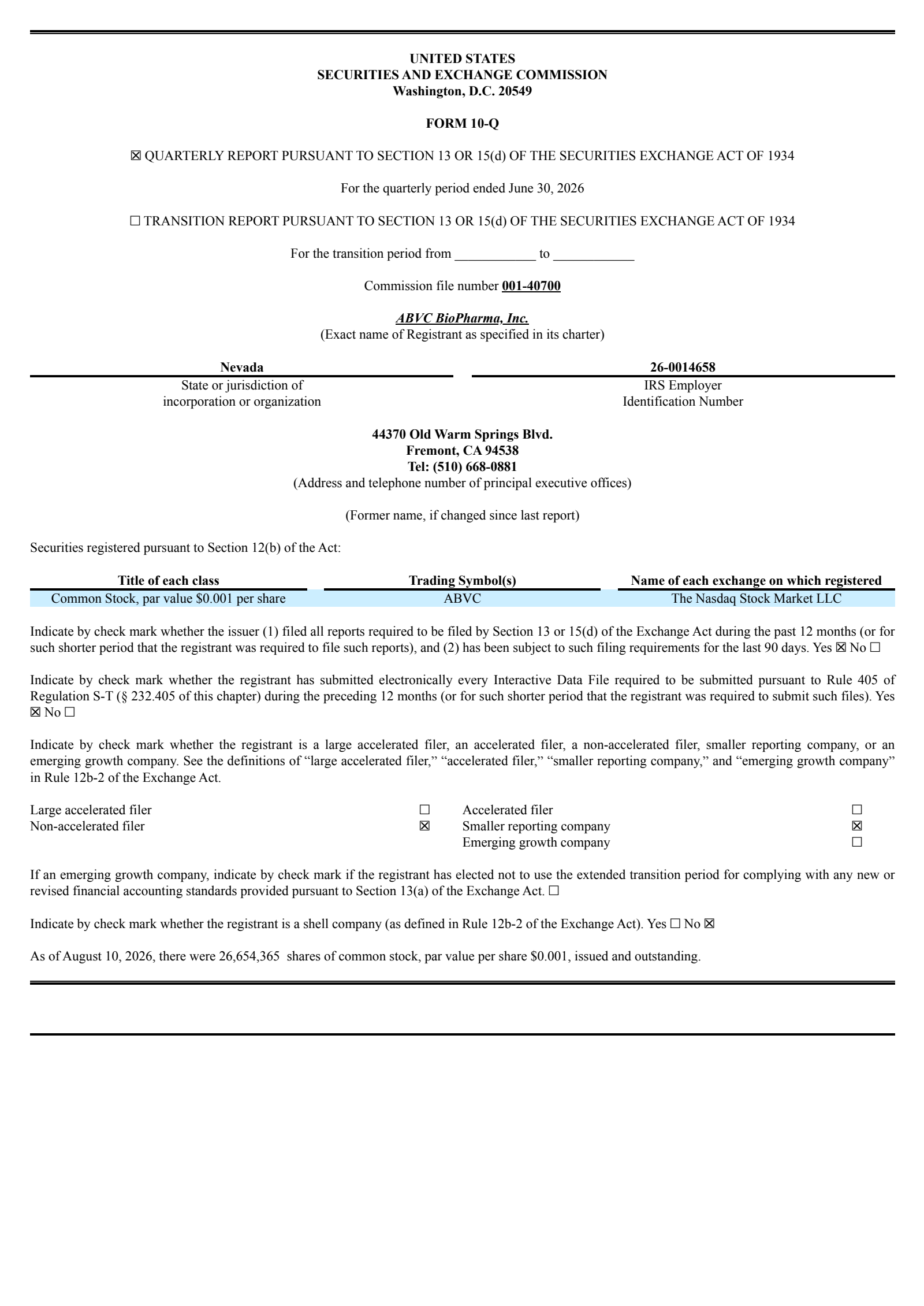 ABVC BioPharma's Q2 2026 Quarterly report