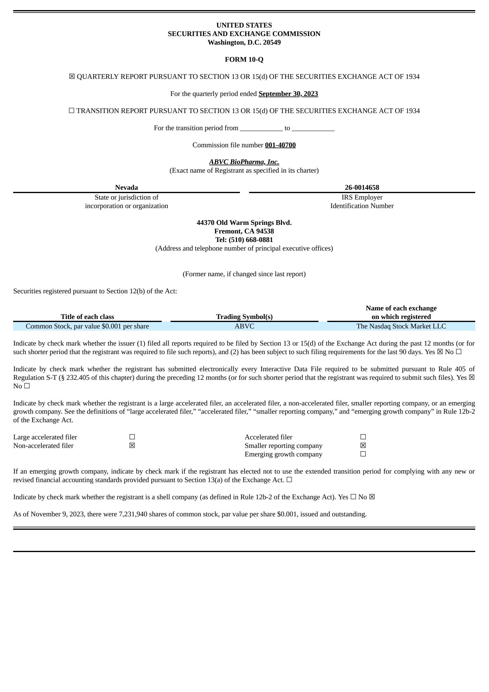 ABVC BioPharma's Q3 2023 Quarterly Report