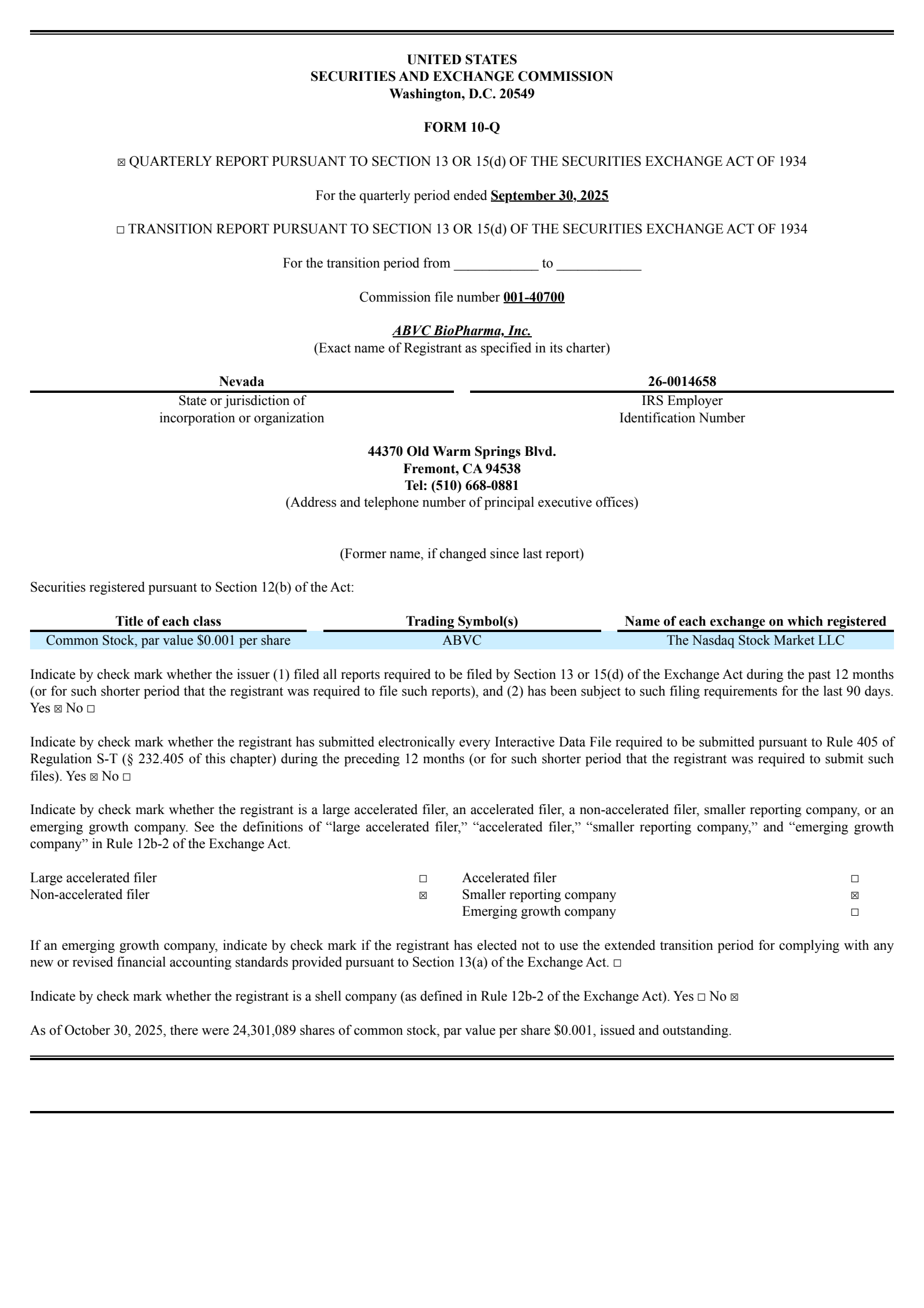 ABVC BioPharma's Q3 2025 Quarterly Report