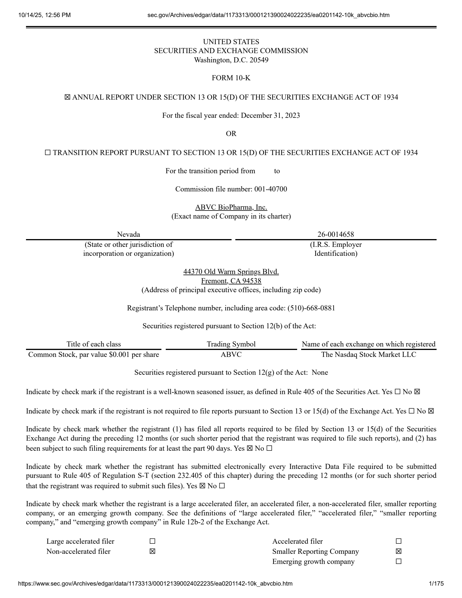 ABVC BioPharma's Q4 2023 & Q1 2024 Annual Report