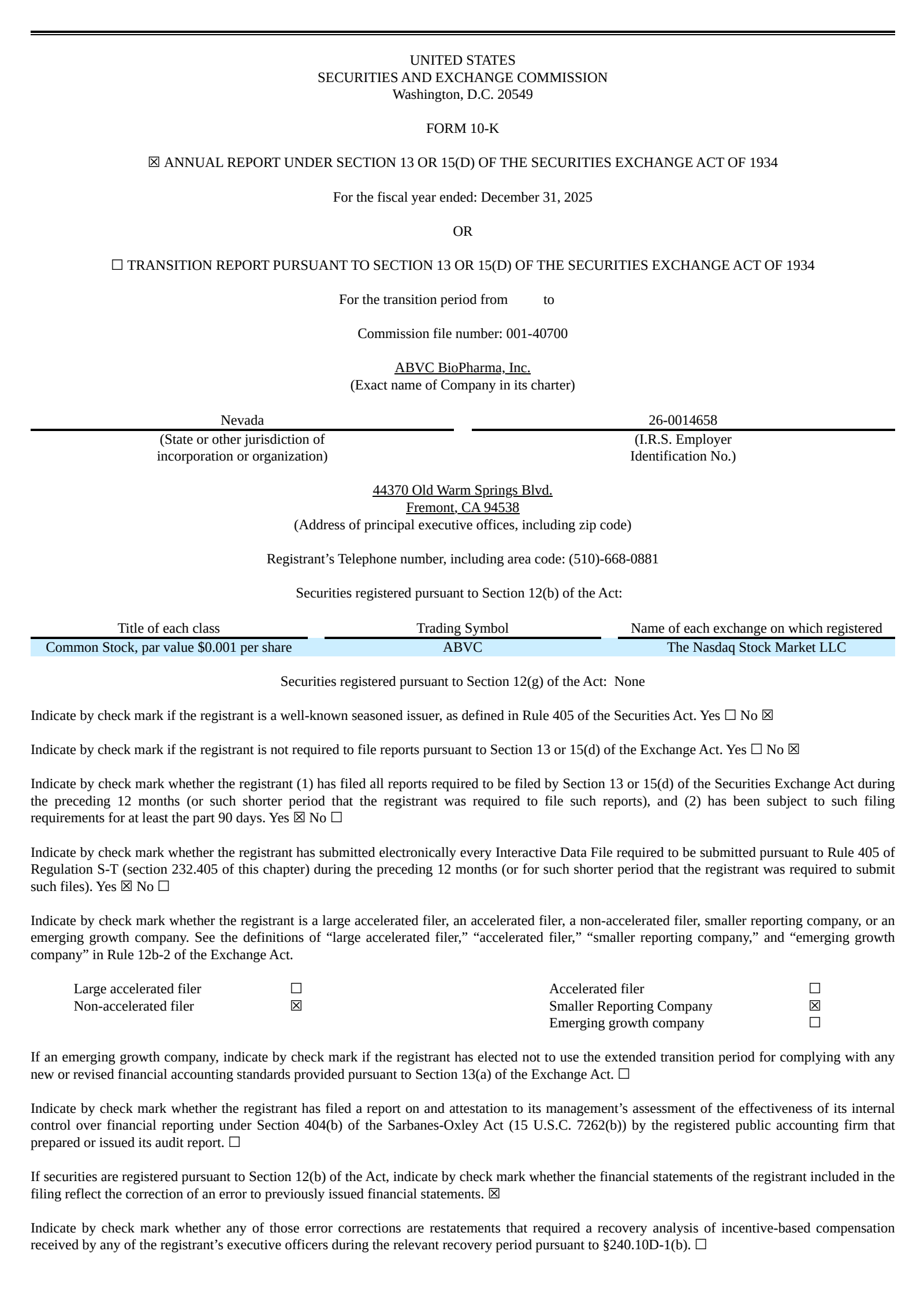 ABVC BioPharma's Q4 2025 Annual report