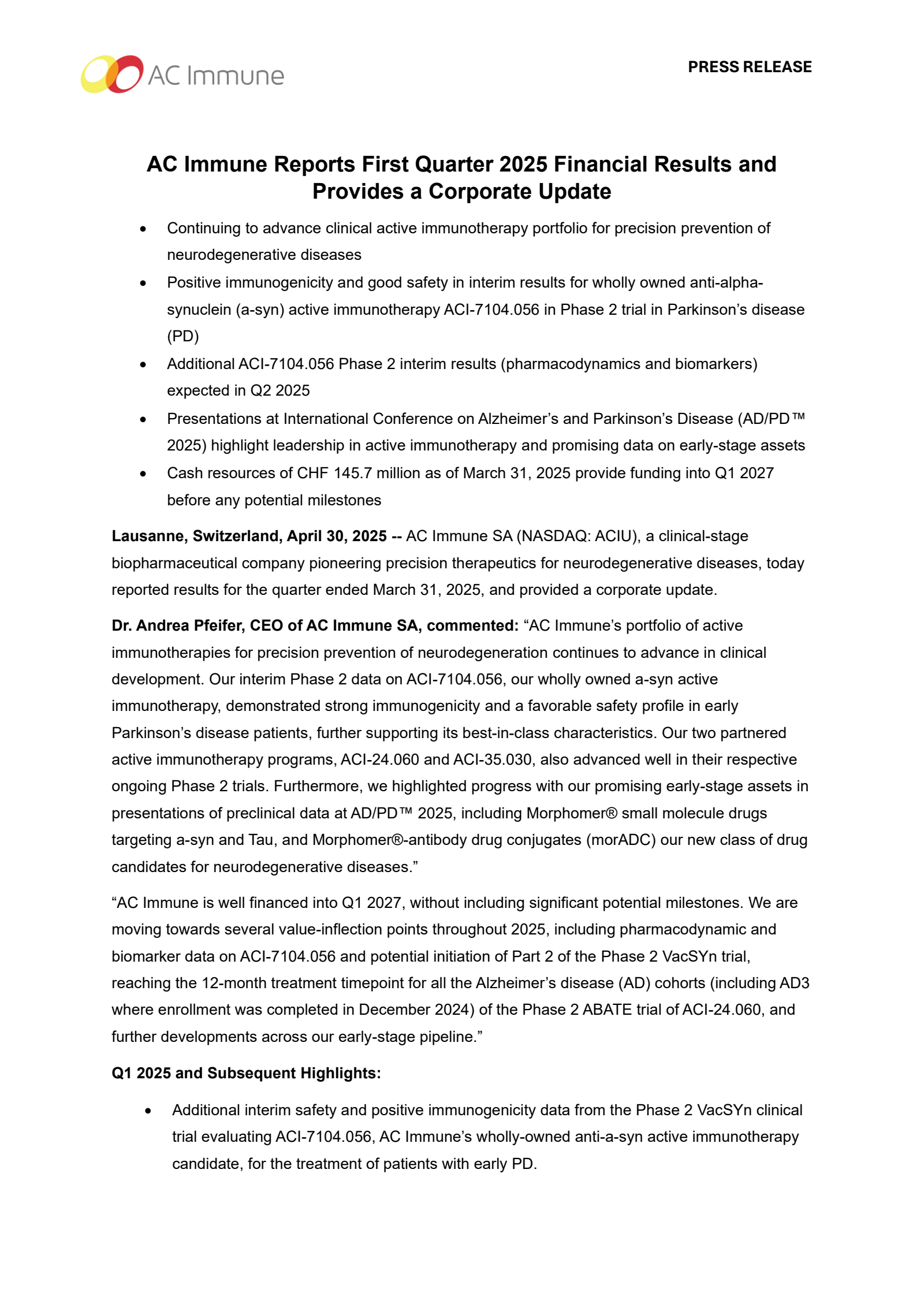 AC Immune's Q1 2025 Press Release