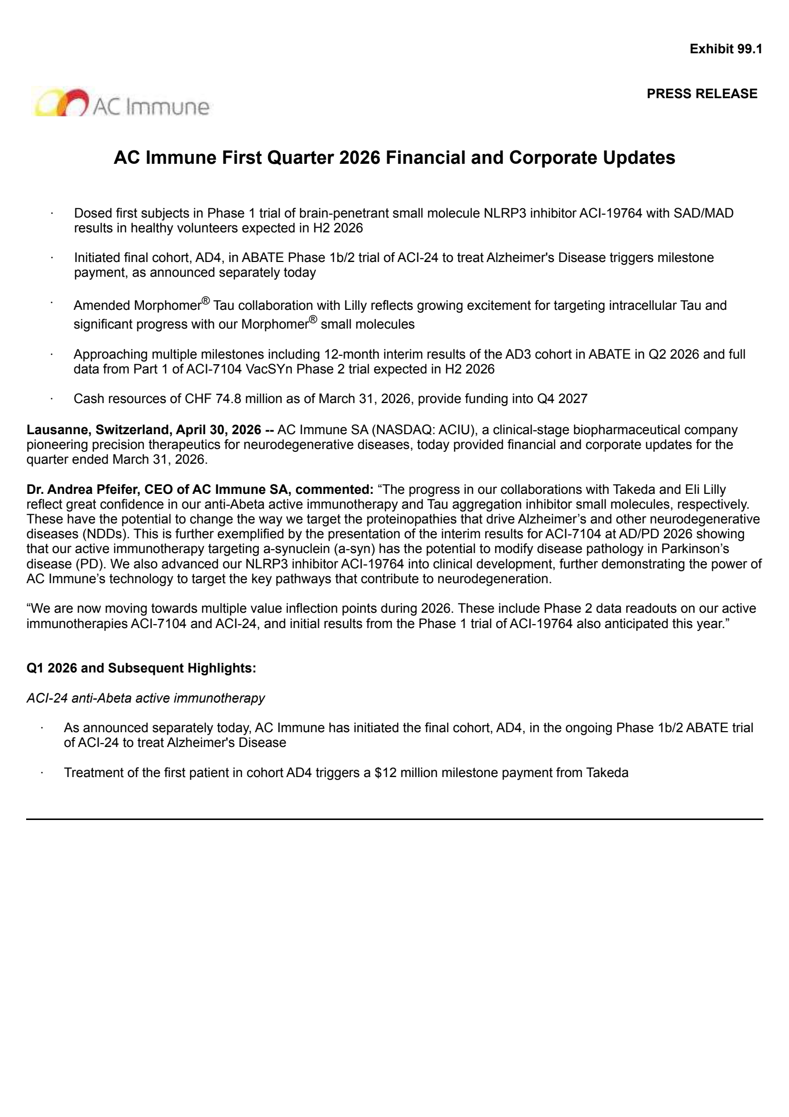 AC Immune's Q1 2026 Press Release