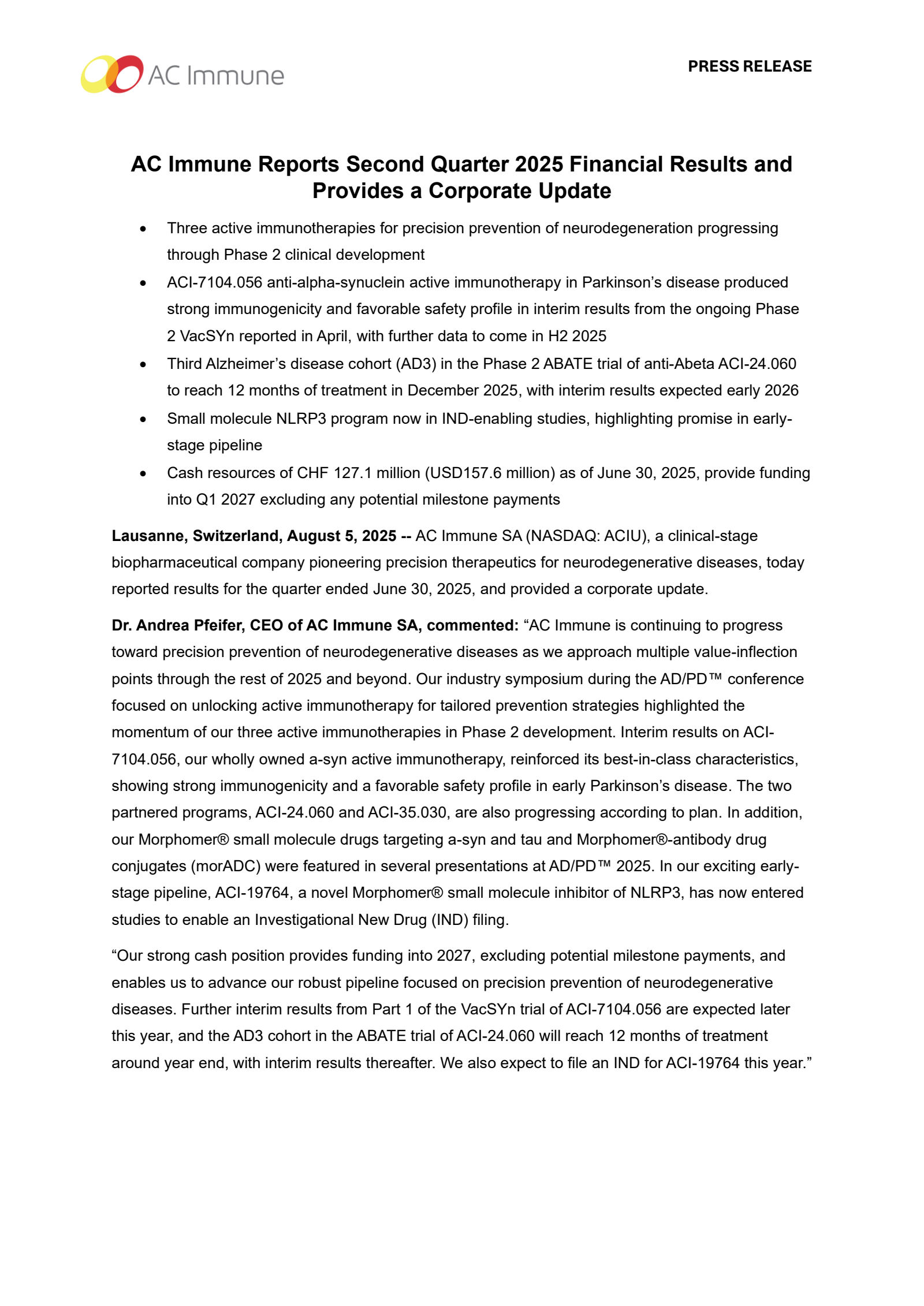 AC Immune's Q2 2025 Press Release