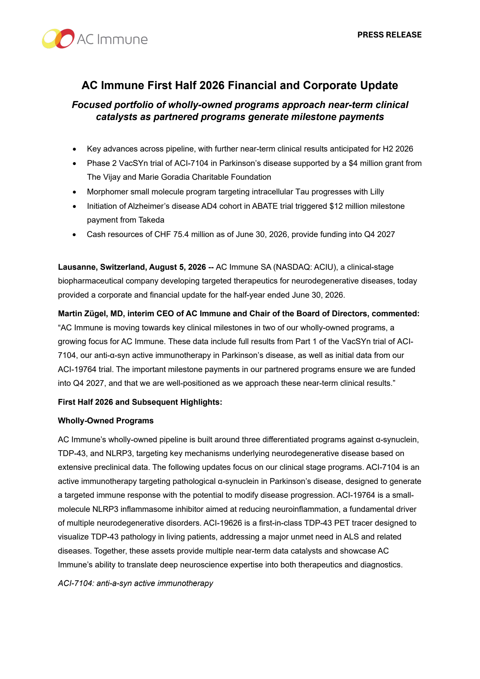 AC Immune's Q2 2026 Press Release