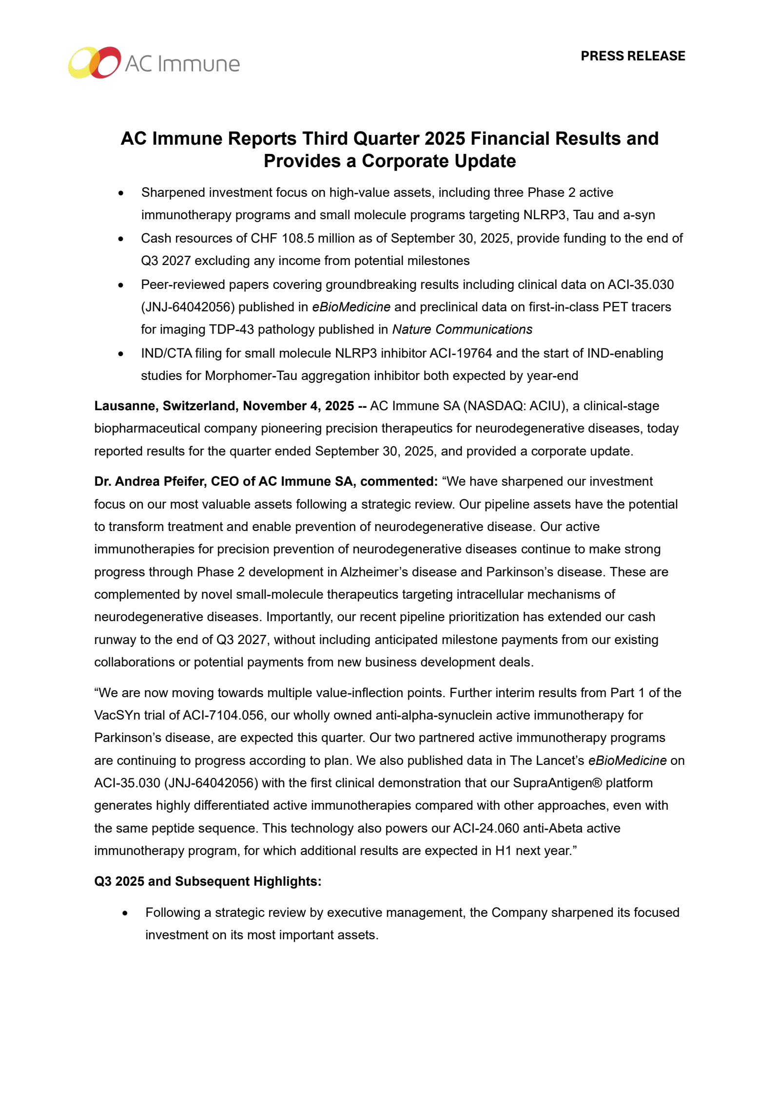 AC Immune's Q3 2025 Earnings Release