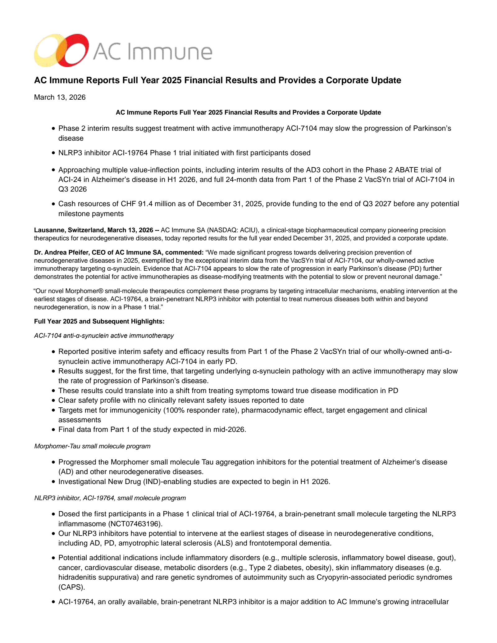 AC Immune's Q4 2025 Press Release