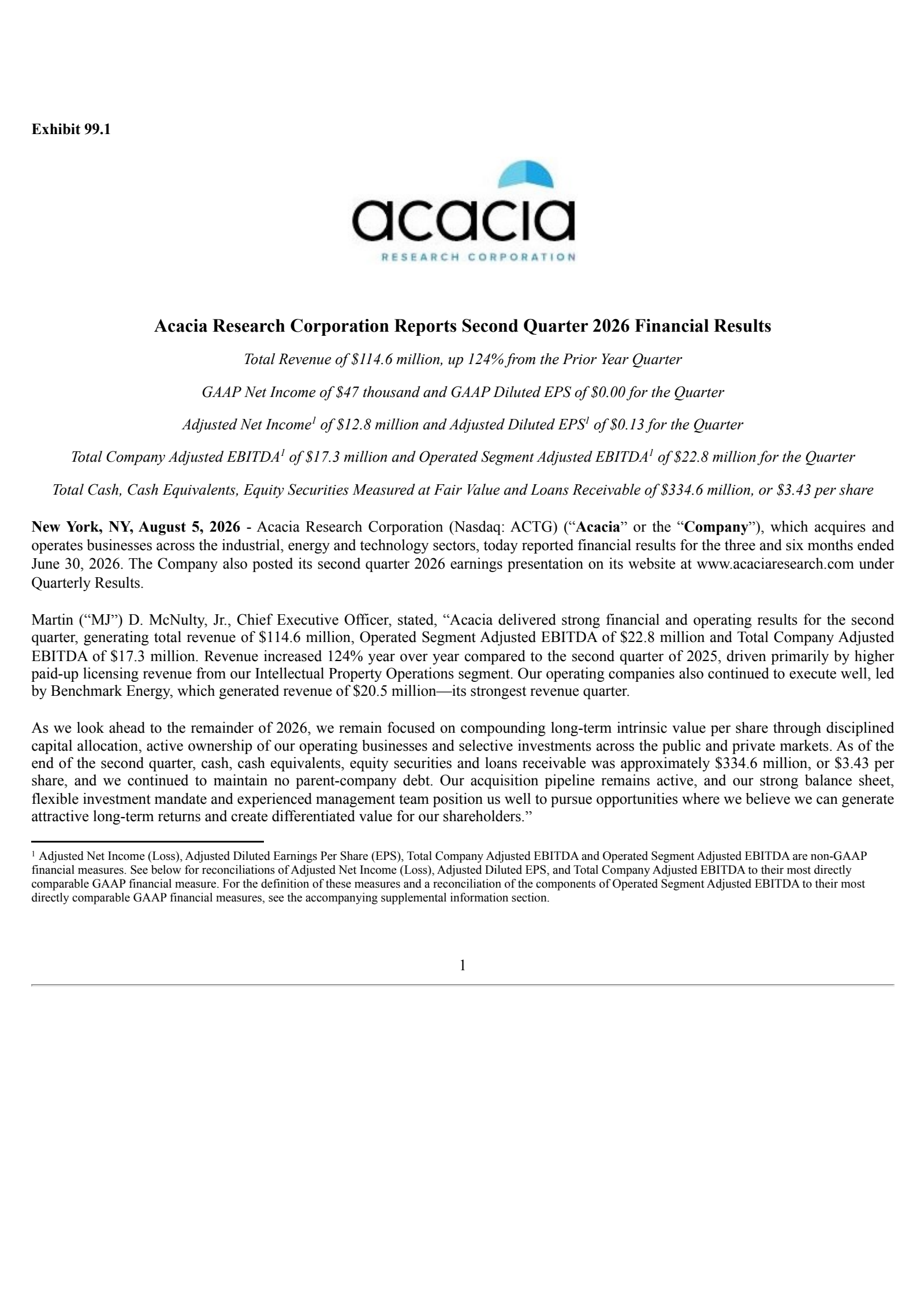 Acacia Research's Q2 2026 Press Release