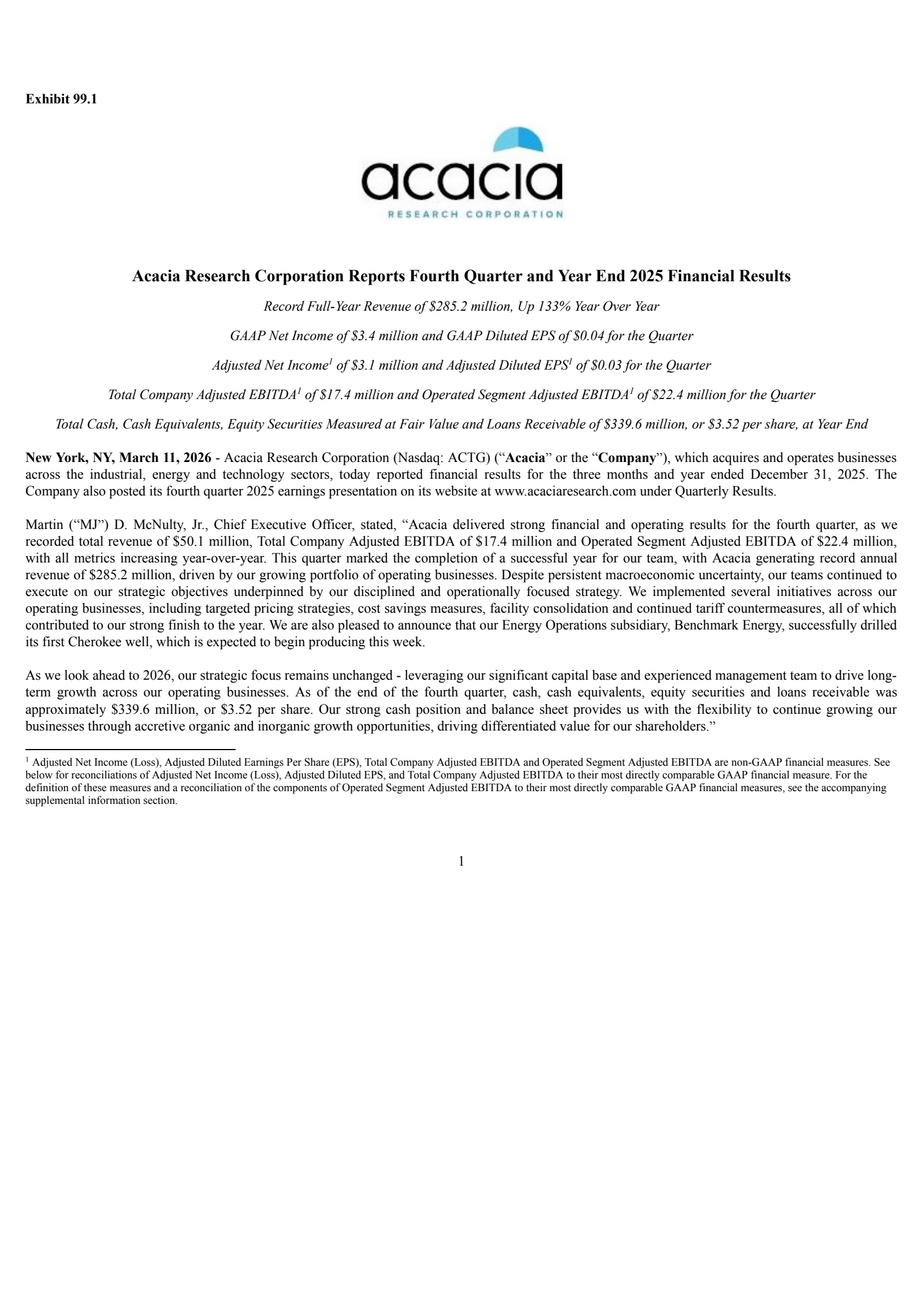 Acacia Research's Q4 2025 Press Release