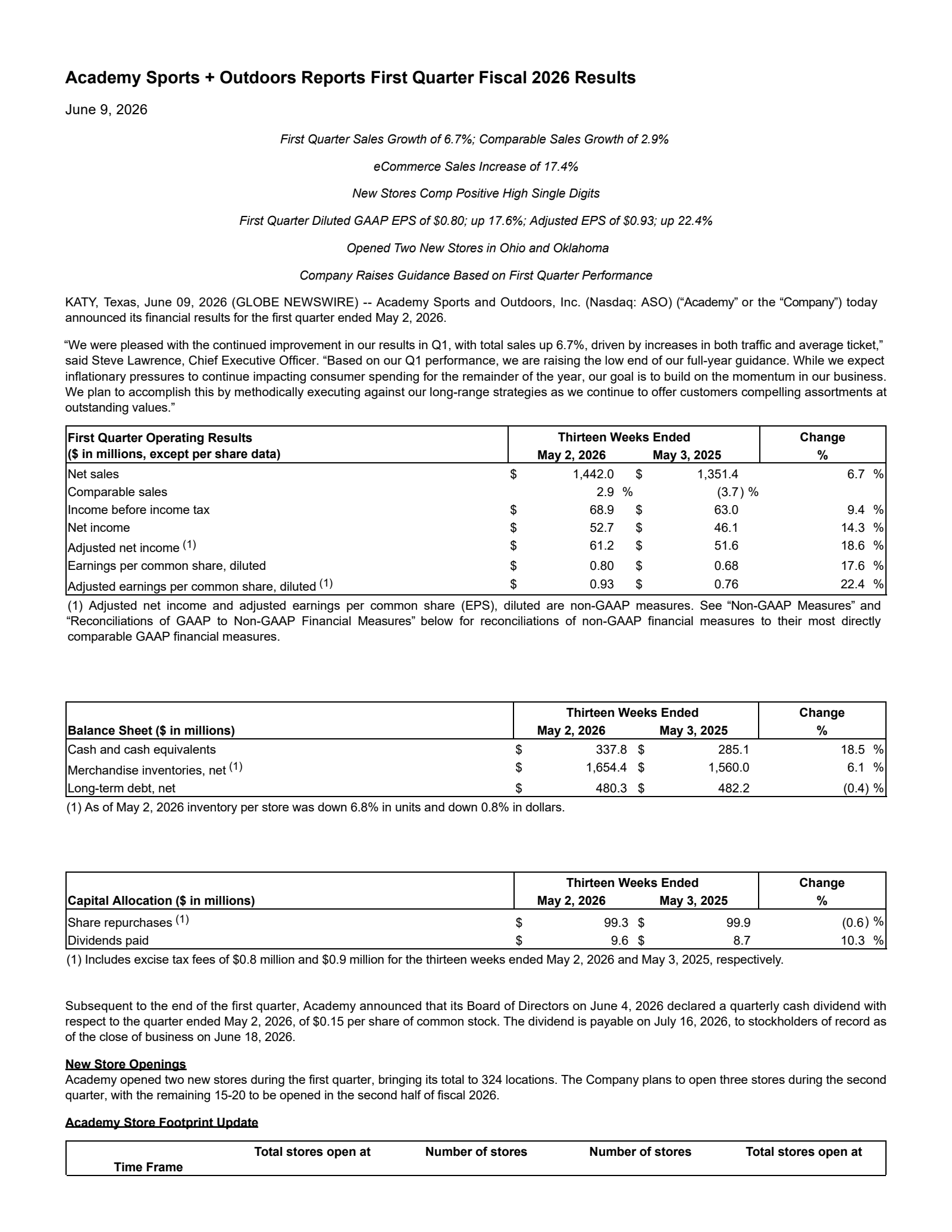 Academy Sports and Outdoors' Q1 2026 Press Release