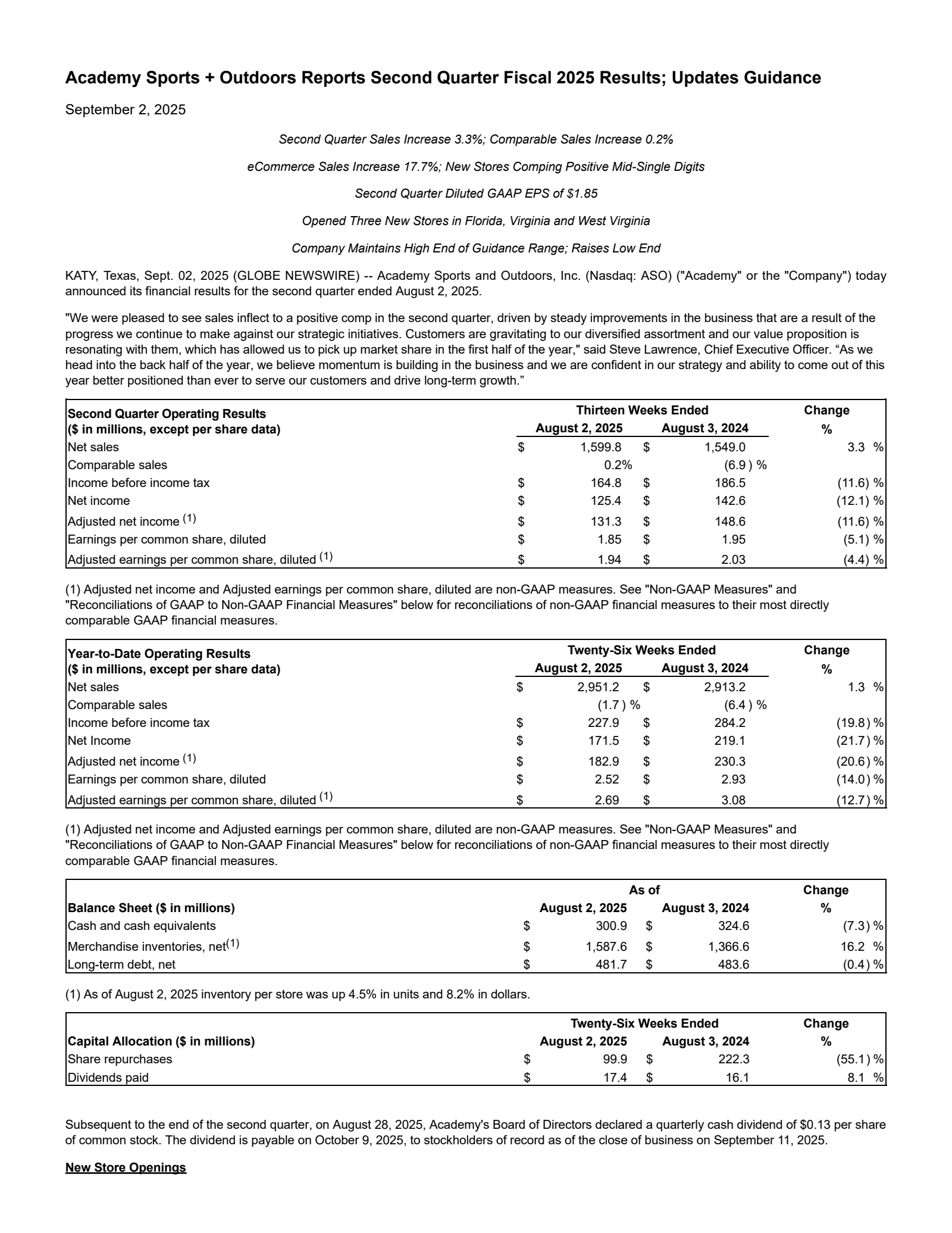 Academy Sports and Outdoors' Q2 2026 Press Release