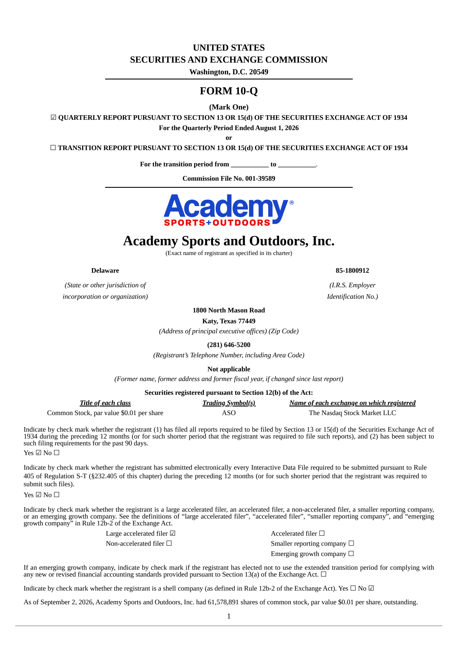 Academy Sports and Outdoors' Q2 2026 Quarterly report