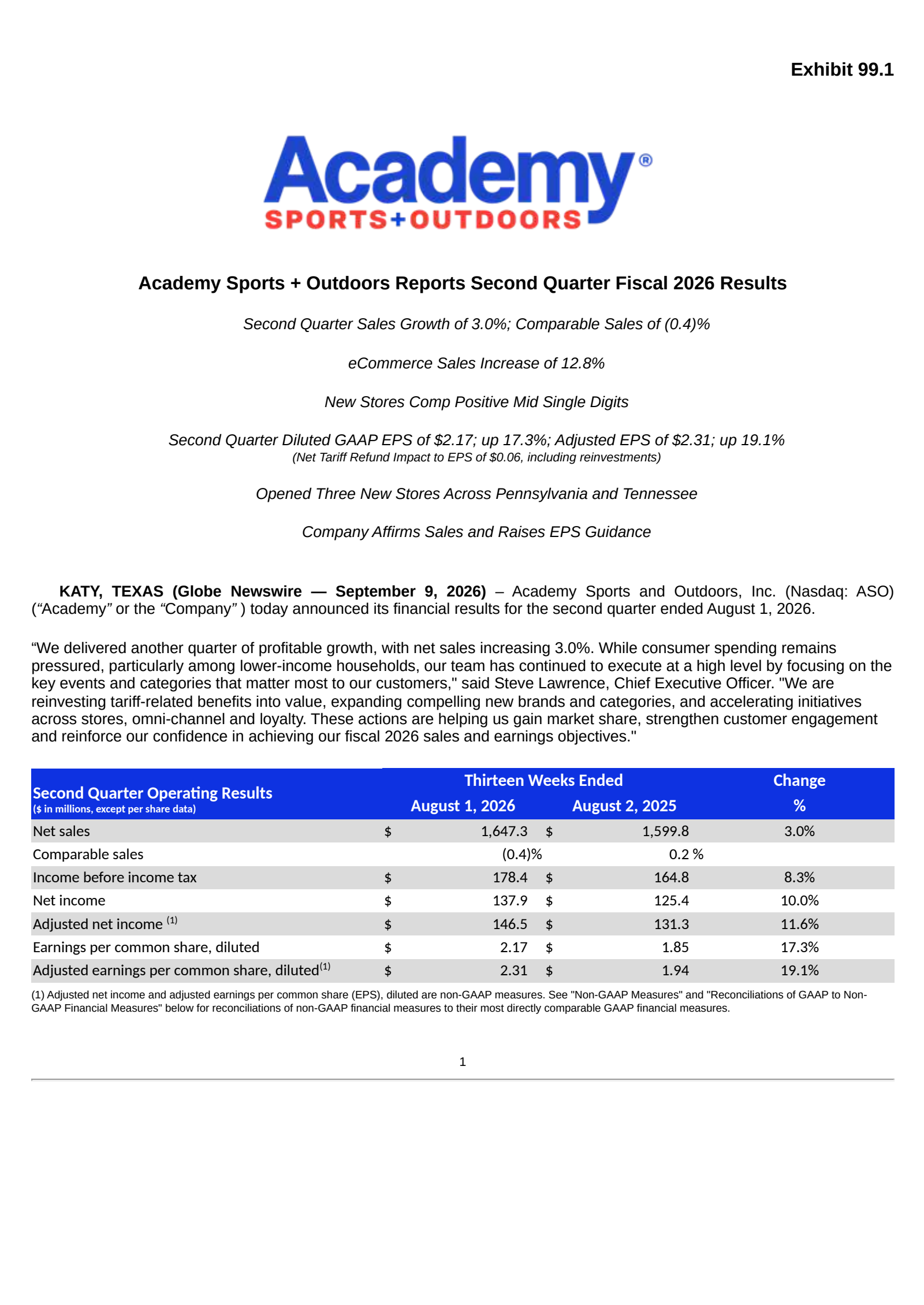 Academy Sports and Outdoors' Q2 2026 Press Release