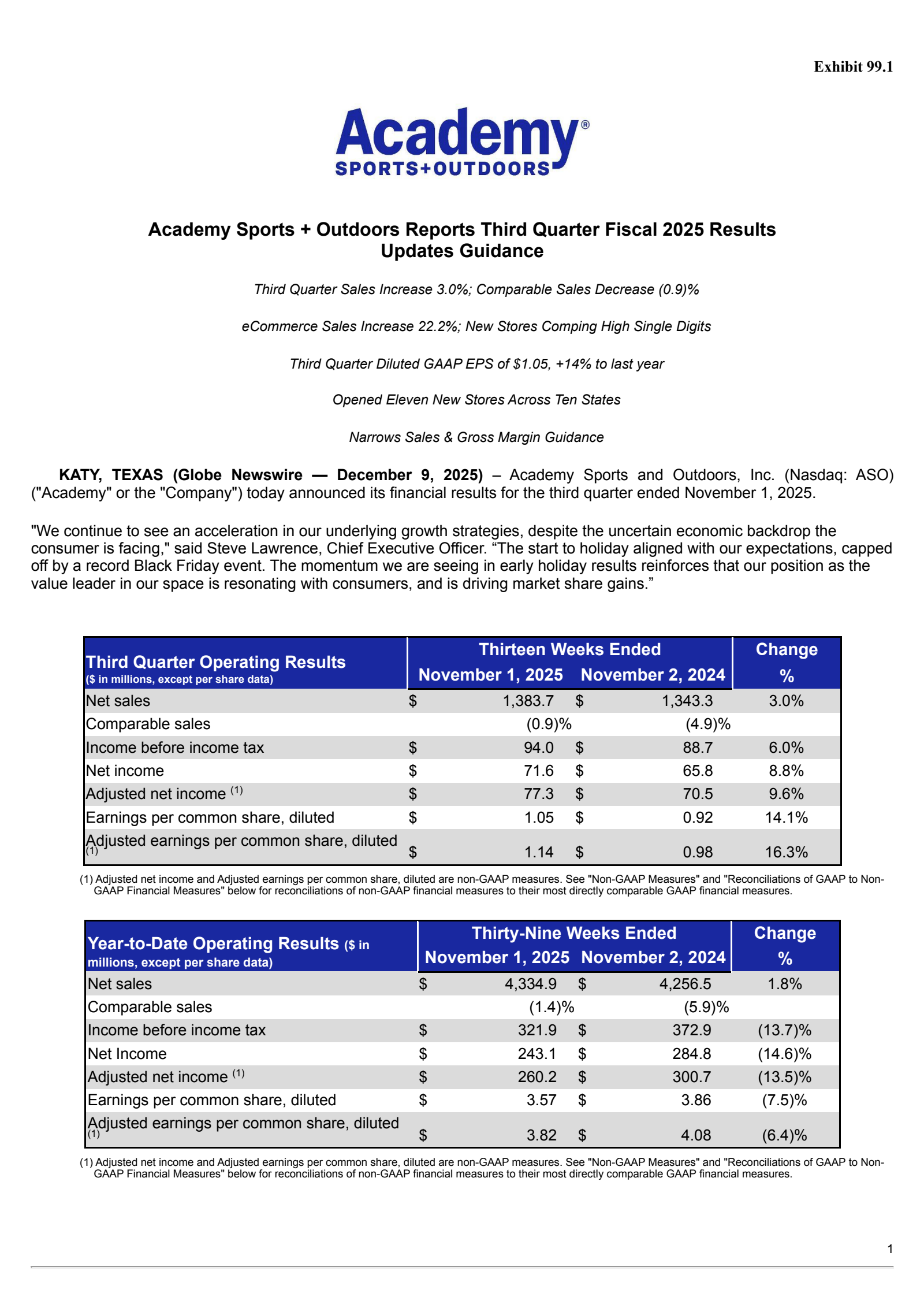 Academy Sports and Outdoors' Q3 2025 Earnings Release
