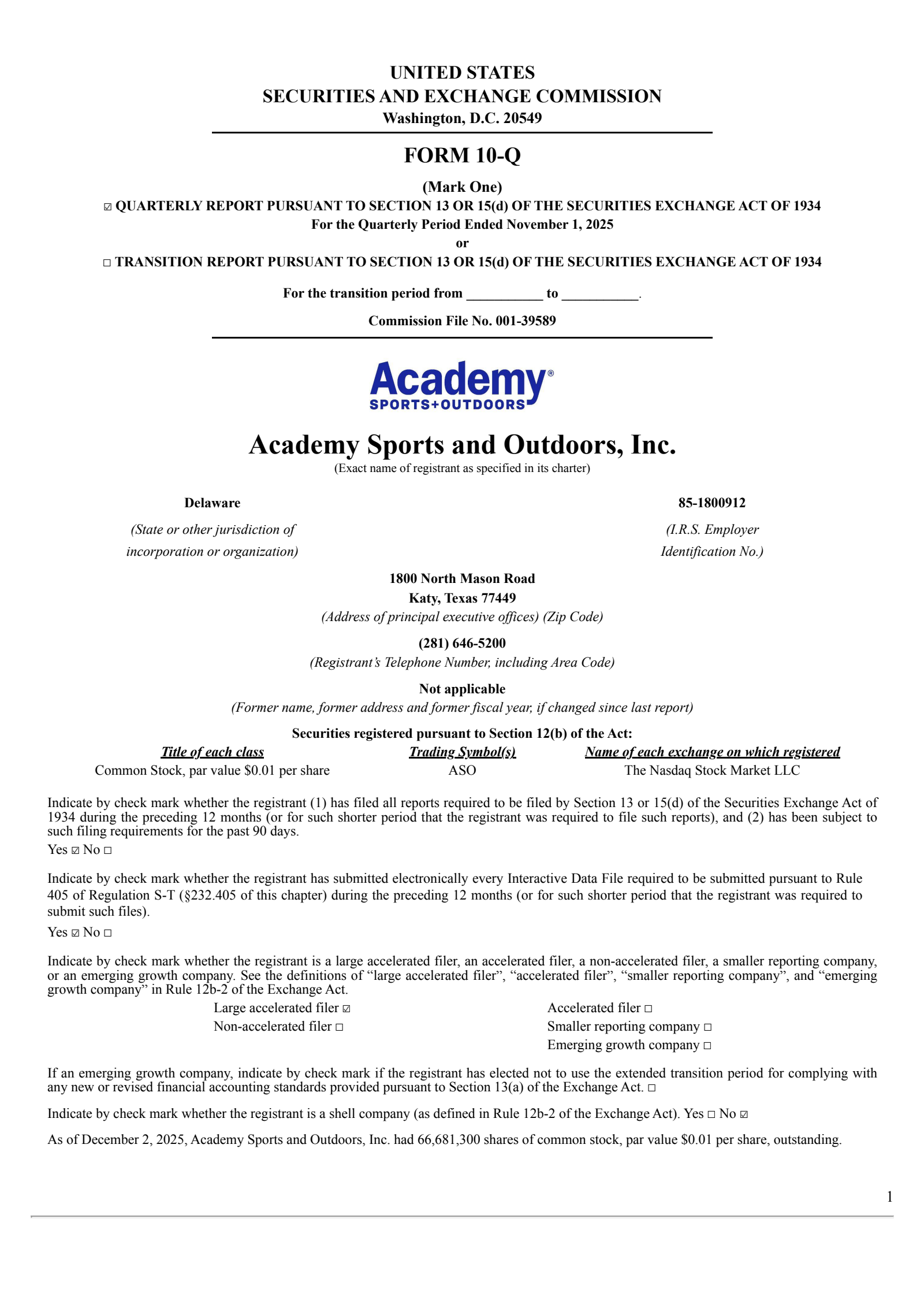 Academy Sports and Outdoors' Q3 2025 Quarterly Report