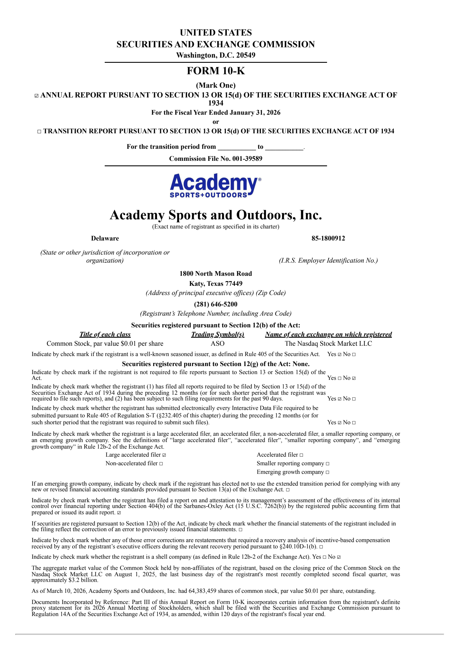 Academy Sports and Outdoors' Q4 2025 Annual report