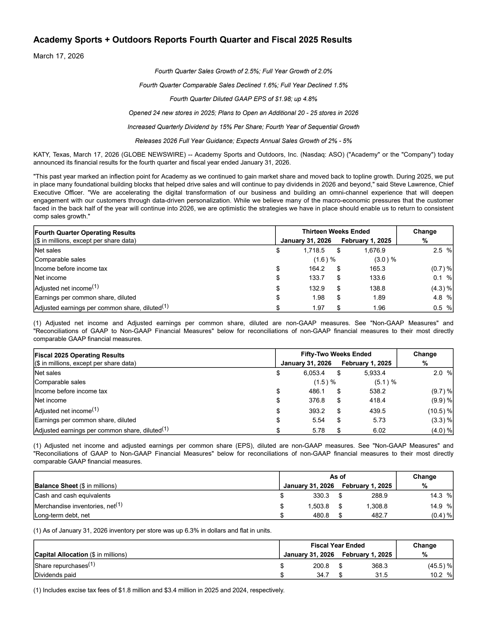 Academy Sports and Outdoors' Q4 2025 Press Release