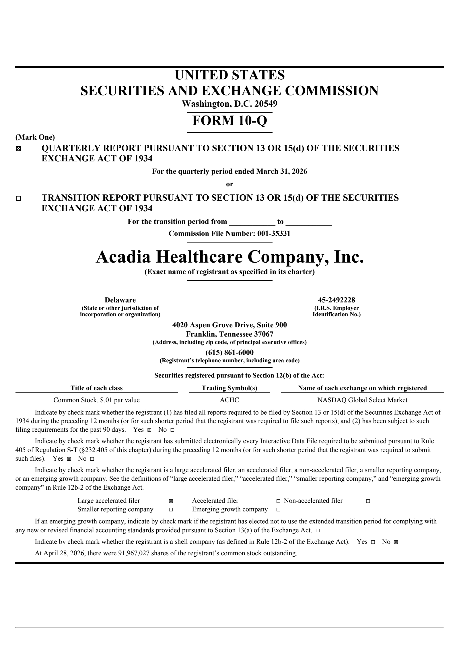 Acadia Healthcare's Q1 2026 Quarterly report