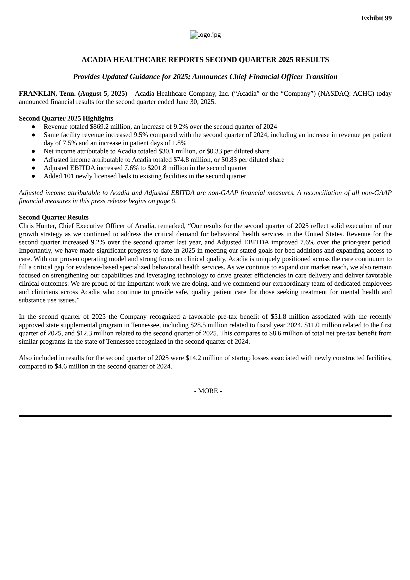 Acadia Healthcare's Q2 2025 Press Release